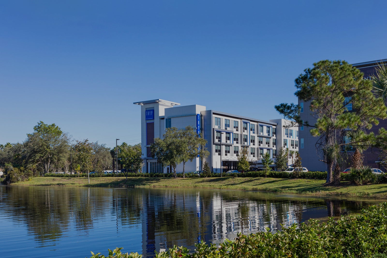 Modern TRYP by Wyndham Orlando - Orlando, Florida building beside a landscaped pond, reflected in the water under a clear blue sky.