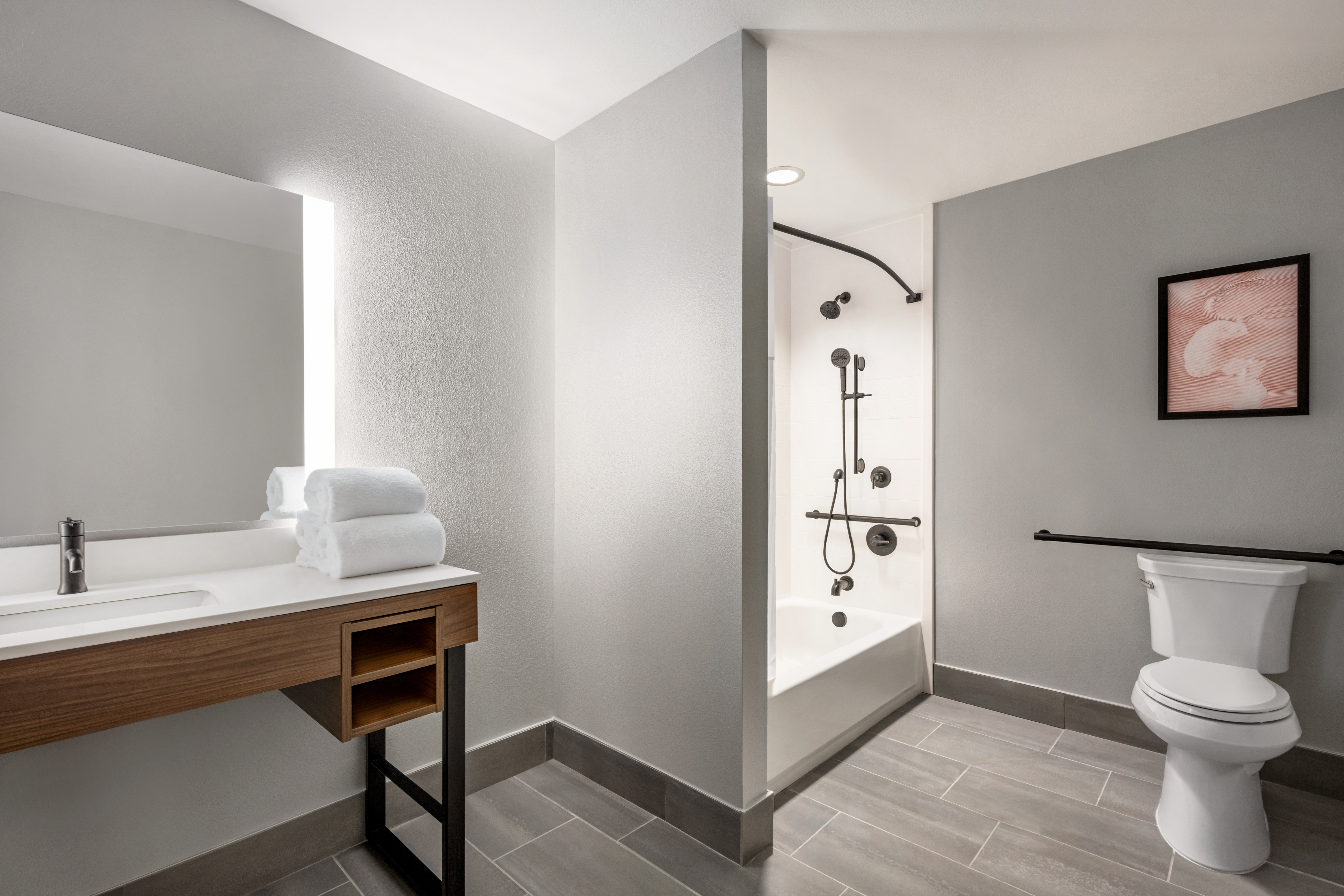 Guest room bath at the Hawthorn Extended Stay by Wyndham Del Rio in Del Rio, Texas
