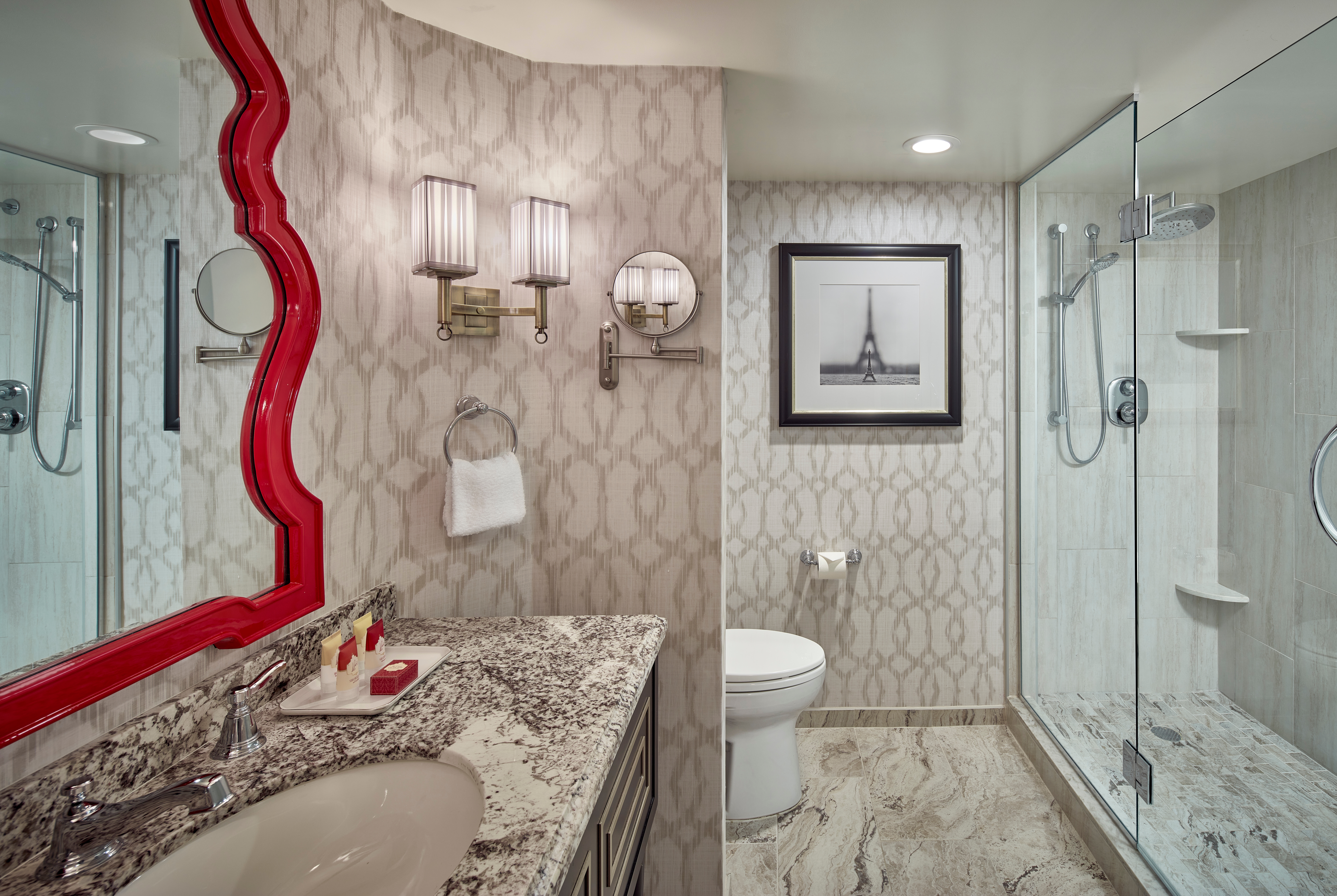 Guest room bath at the Paris Las Vegas in Las Vegas, Nevada