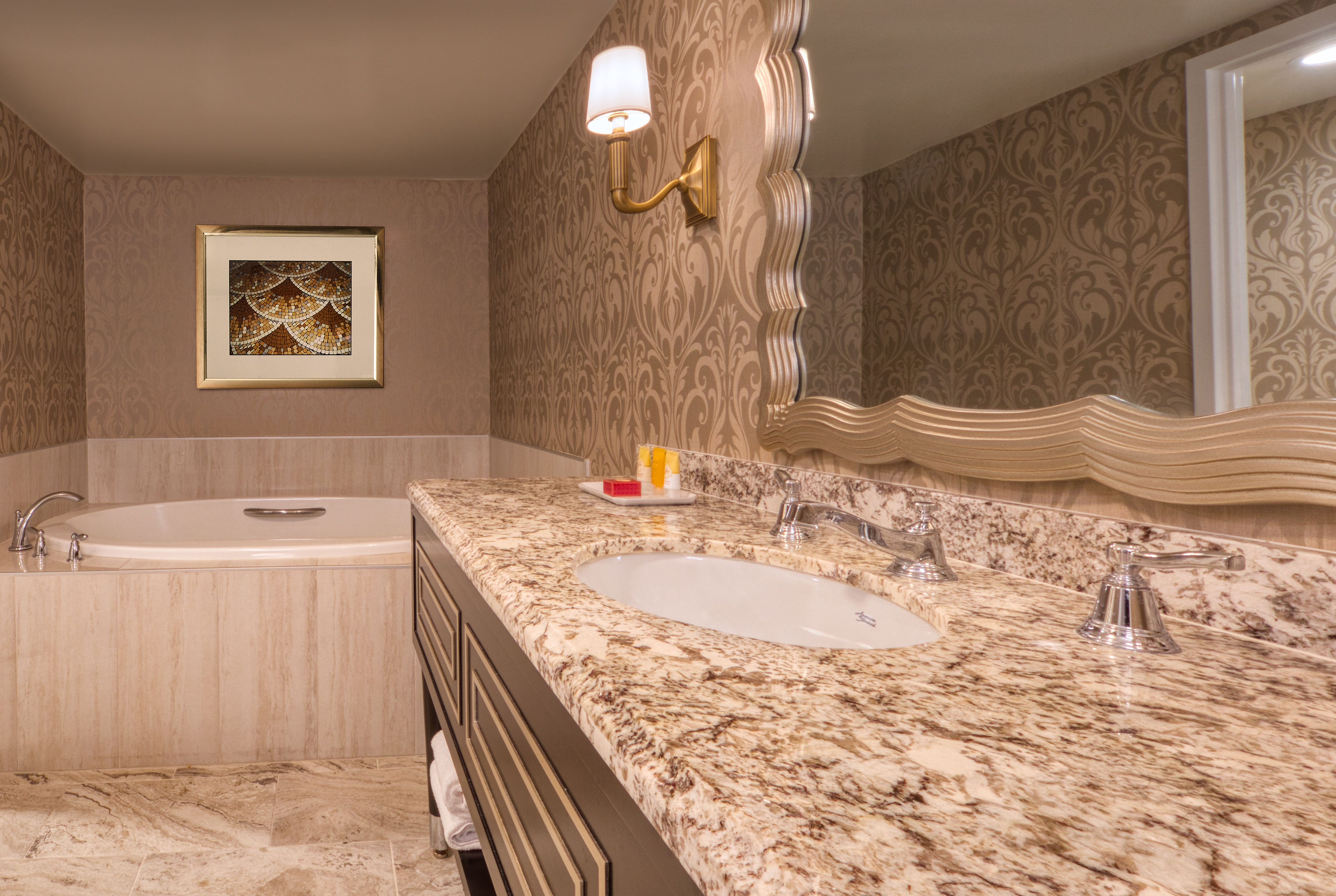 Guest room bath at the Paris Las Vegas in Las Vegas, Nevada
