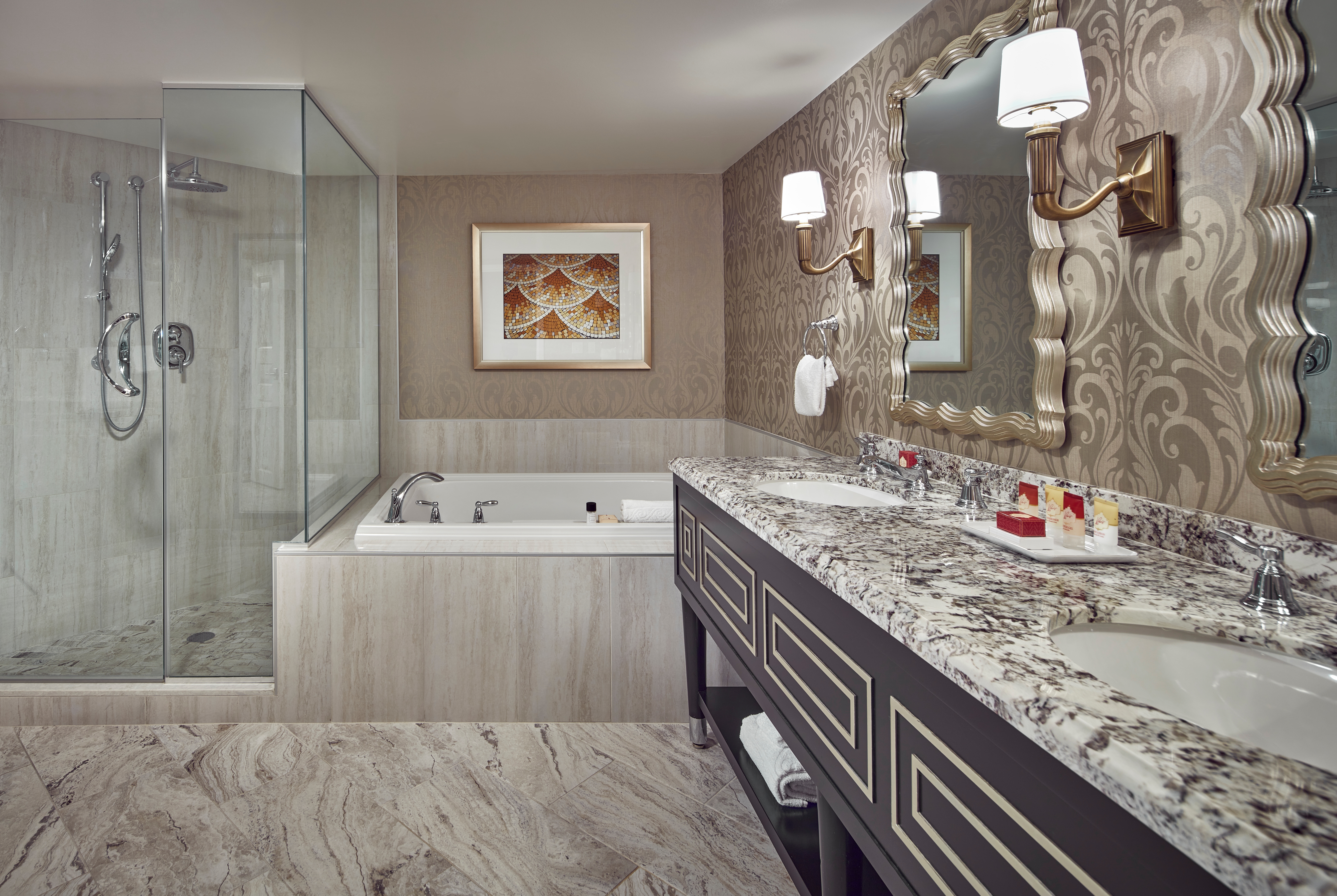 Guest room bath at the Paris Las Vegas in Las Vegas, Nevada