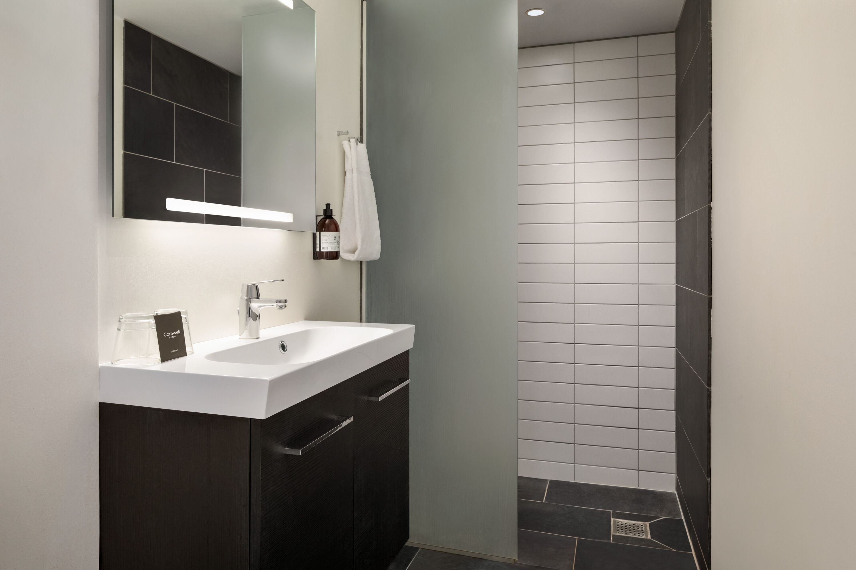 Guest room bath at the Comwell Hvide Hus Aalborg, Dolce by Wyndham in Aalborg, Other than US/Canada