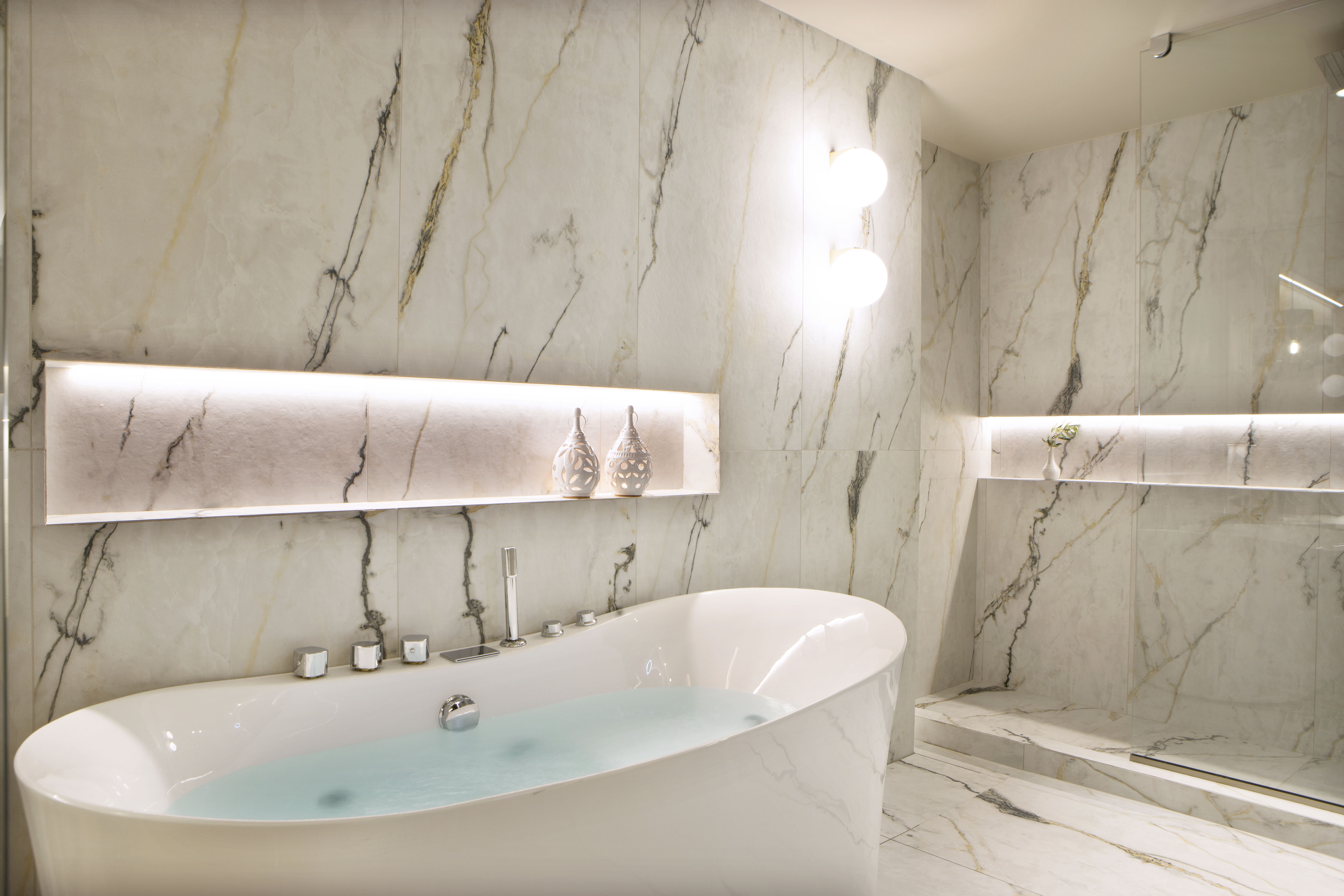 Guest room bath at the Wyndham Grand Crete Mirabello Bay in Agios Nikolaos, Other than US/Canada