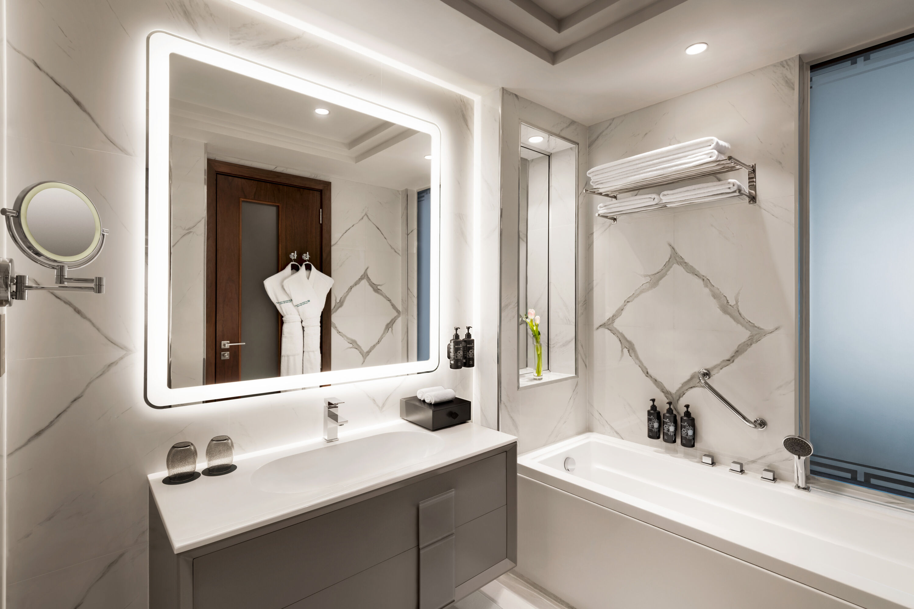 Guest room bath at the Wyndham Grand Doha West Bay Beach in Doha, Other than US/Canada