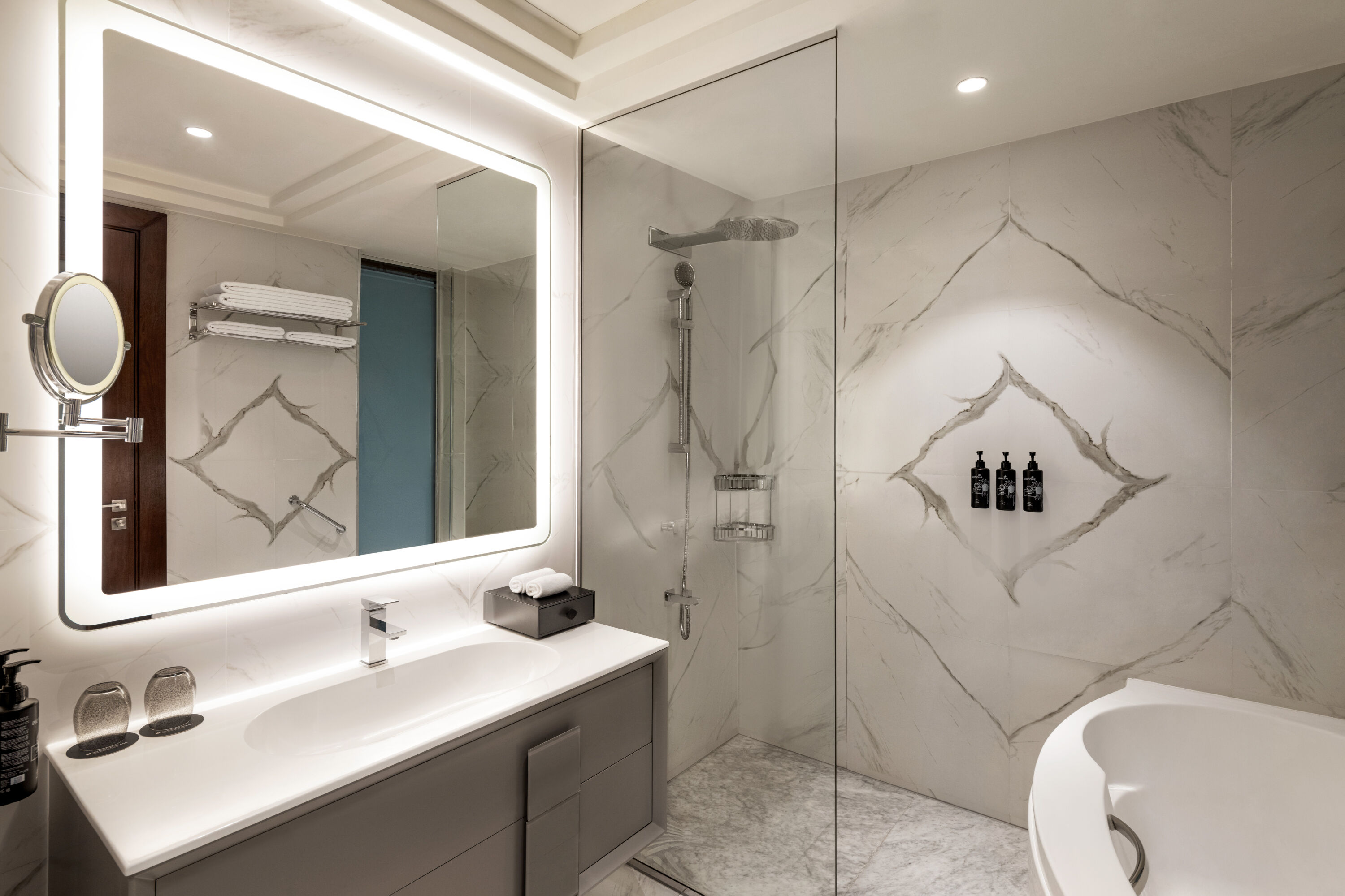 Guest room bath at the Wyndham Grand Doha West Bay Beach in Doha, Other than US/Canada