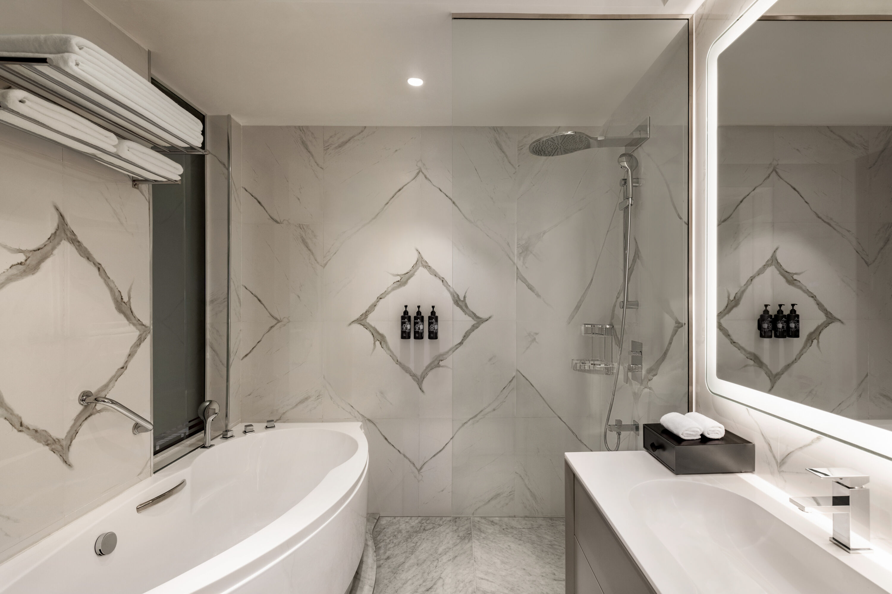 Guest room bath at the Wyndham Grand Doha West Bay Beach in Doha, Other than US/Canada