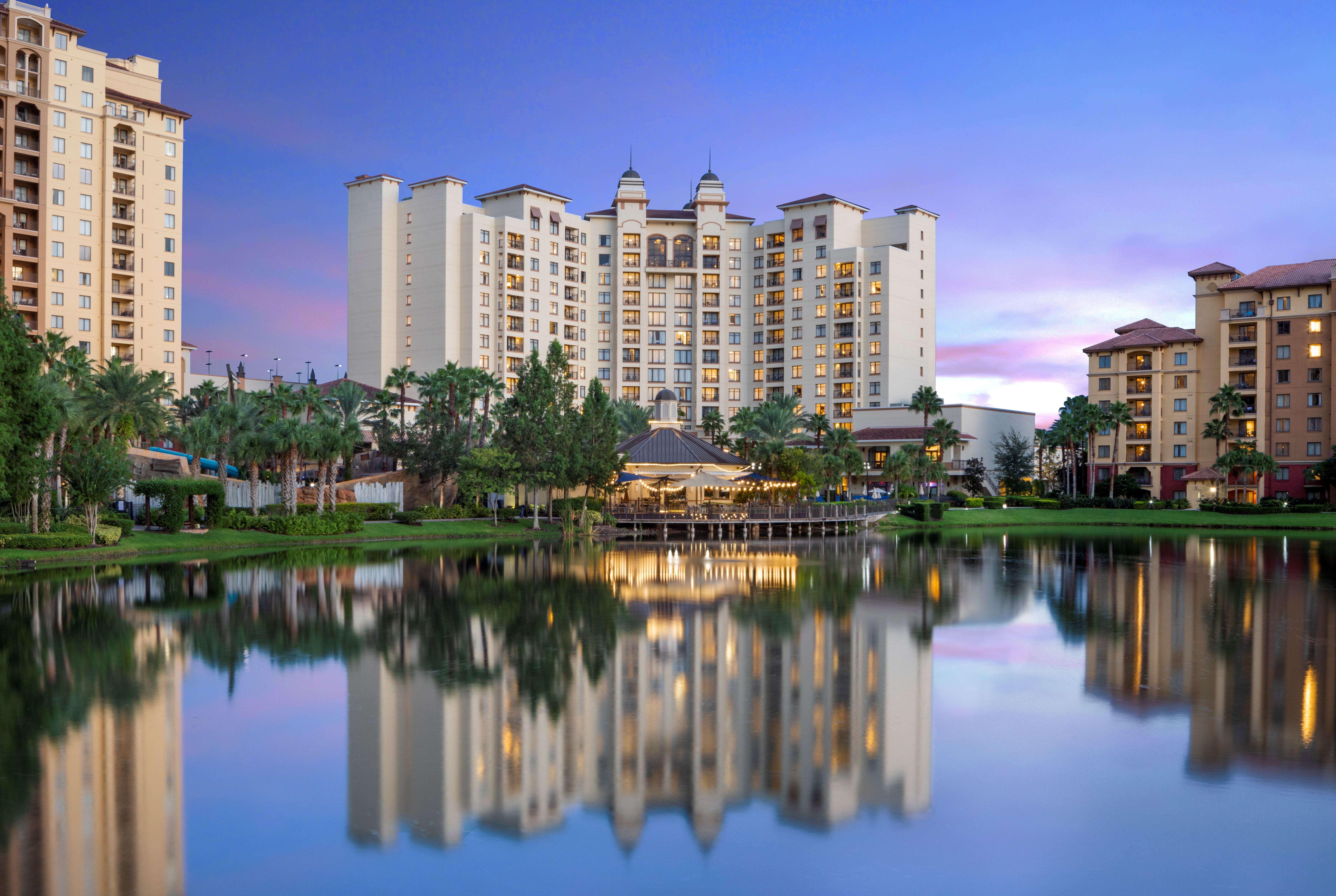 Exterior Night Image of Wyndham Grand Orlando Resort Bonnet Creek hotel in Orlando, Florida