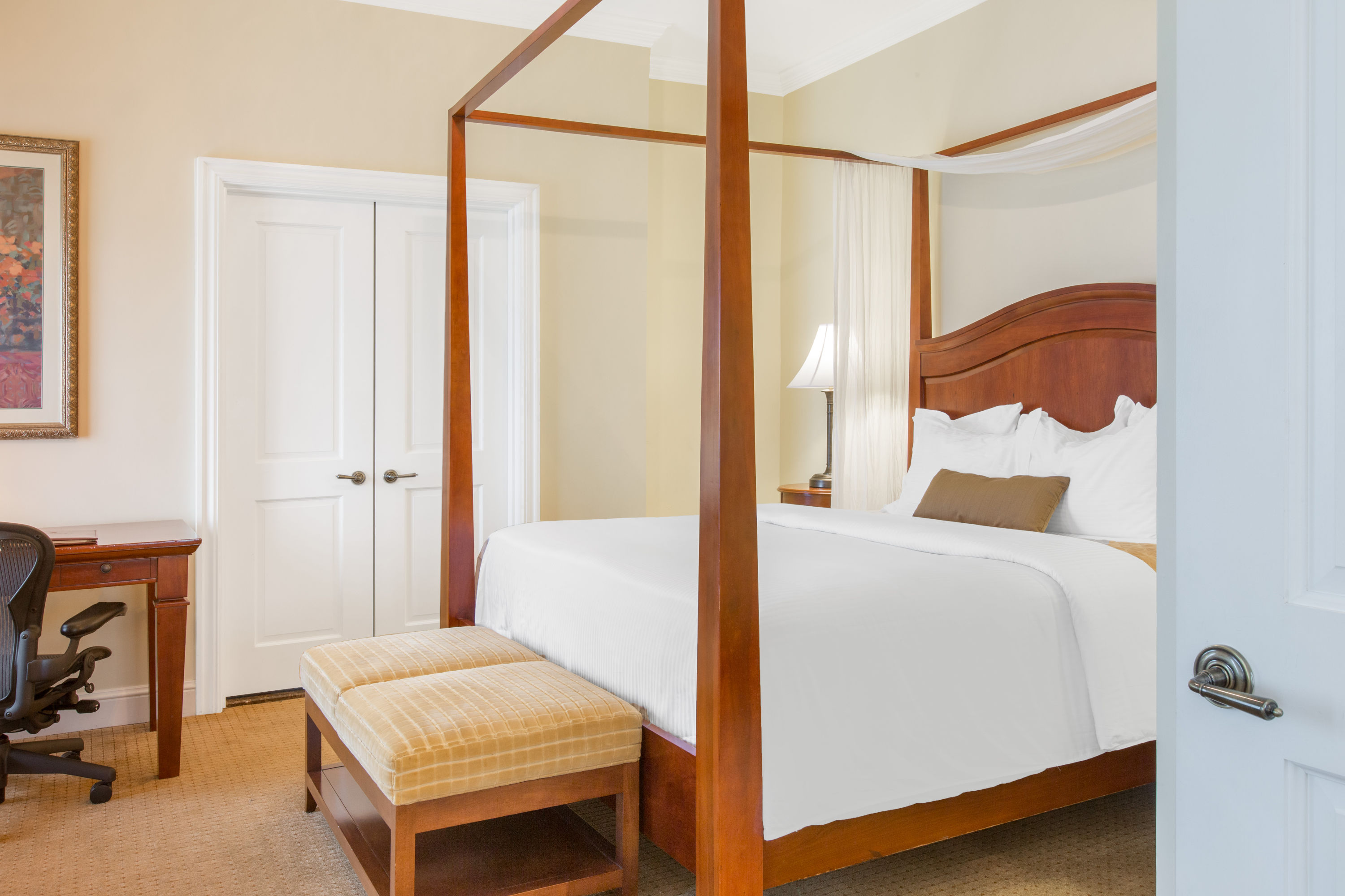 Guest room at the The George Washington, a Wyndham Grand Hotel in Winchester, Virginia
