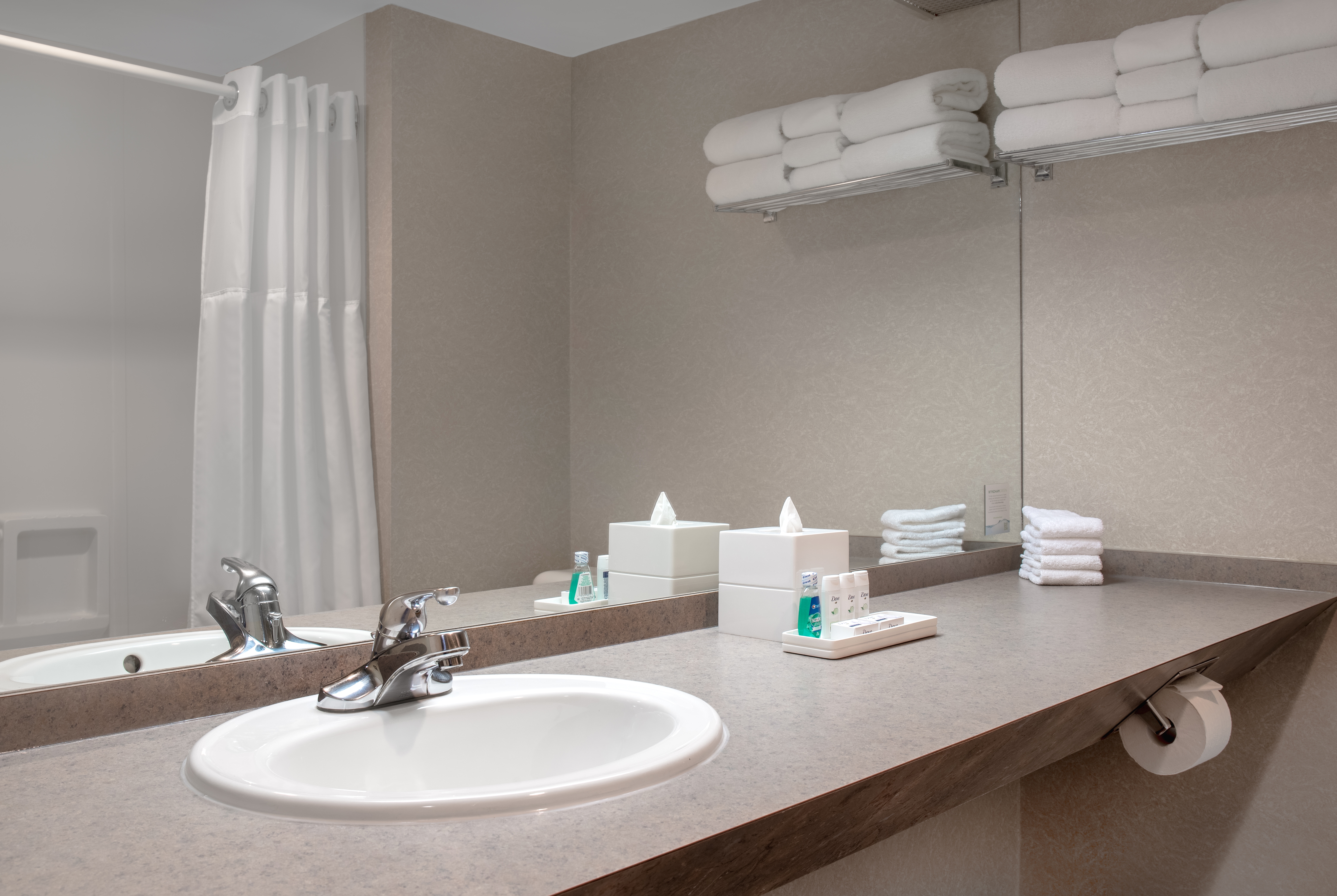 Guest room bath at the Ramada Plaza by Wyndham Calgary Downtown in Calgary, Alberta