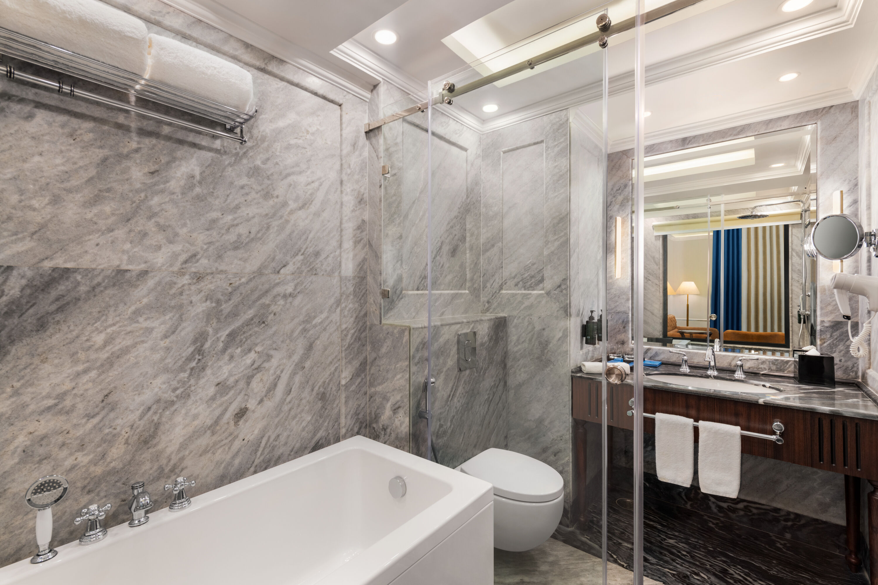 Guest room bath at the Ramada by Wyndham Goa Vagator in Bardez, Other than US/Canada