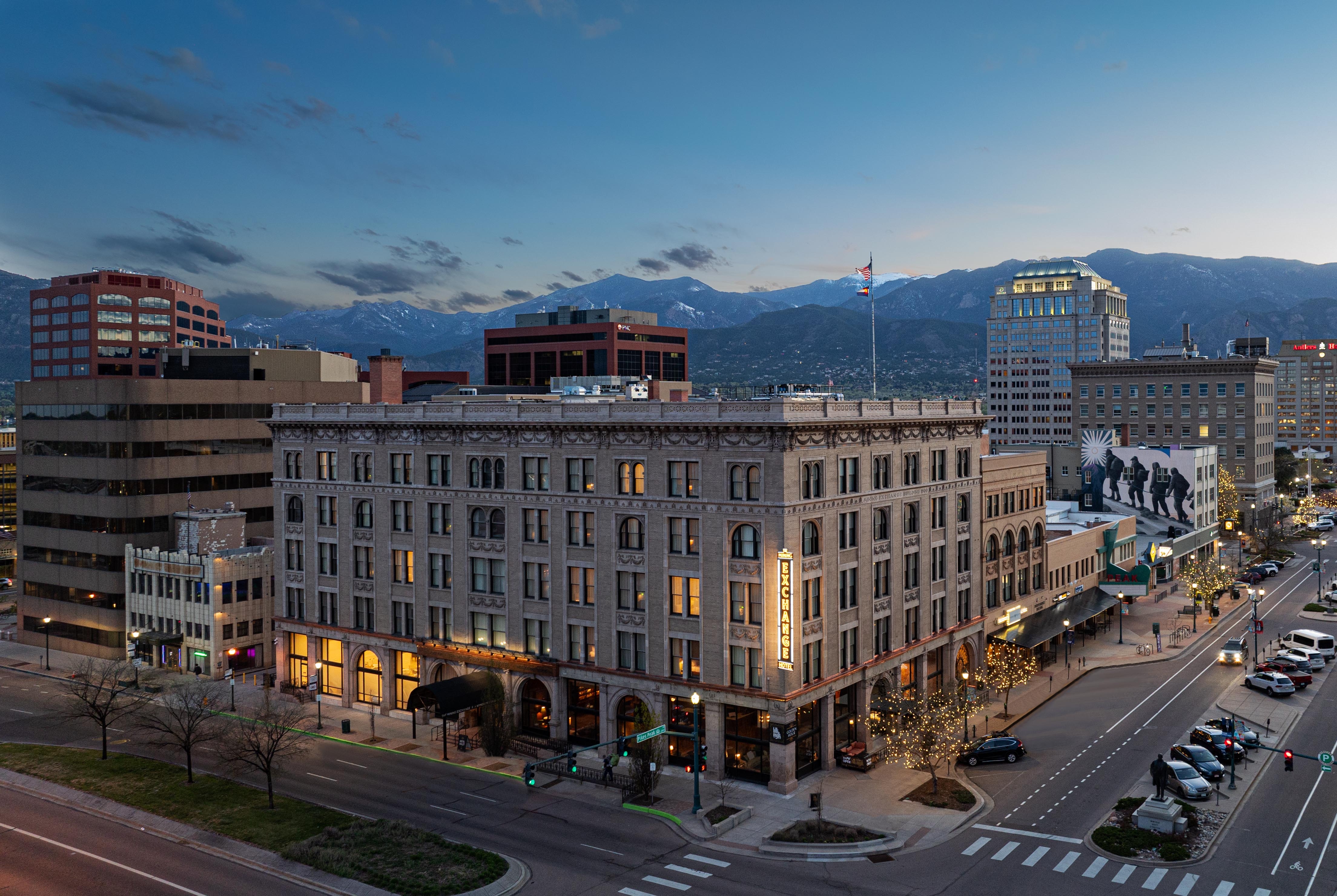 Exterior Dusk Image of The Mining Exchange Hotel, a Registry Collection Hotel hotel in Colorado Springs, Colorado