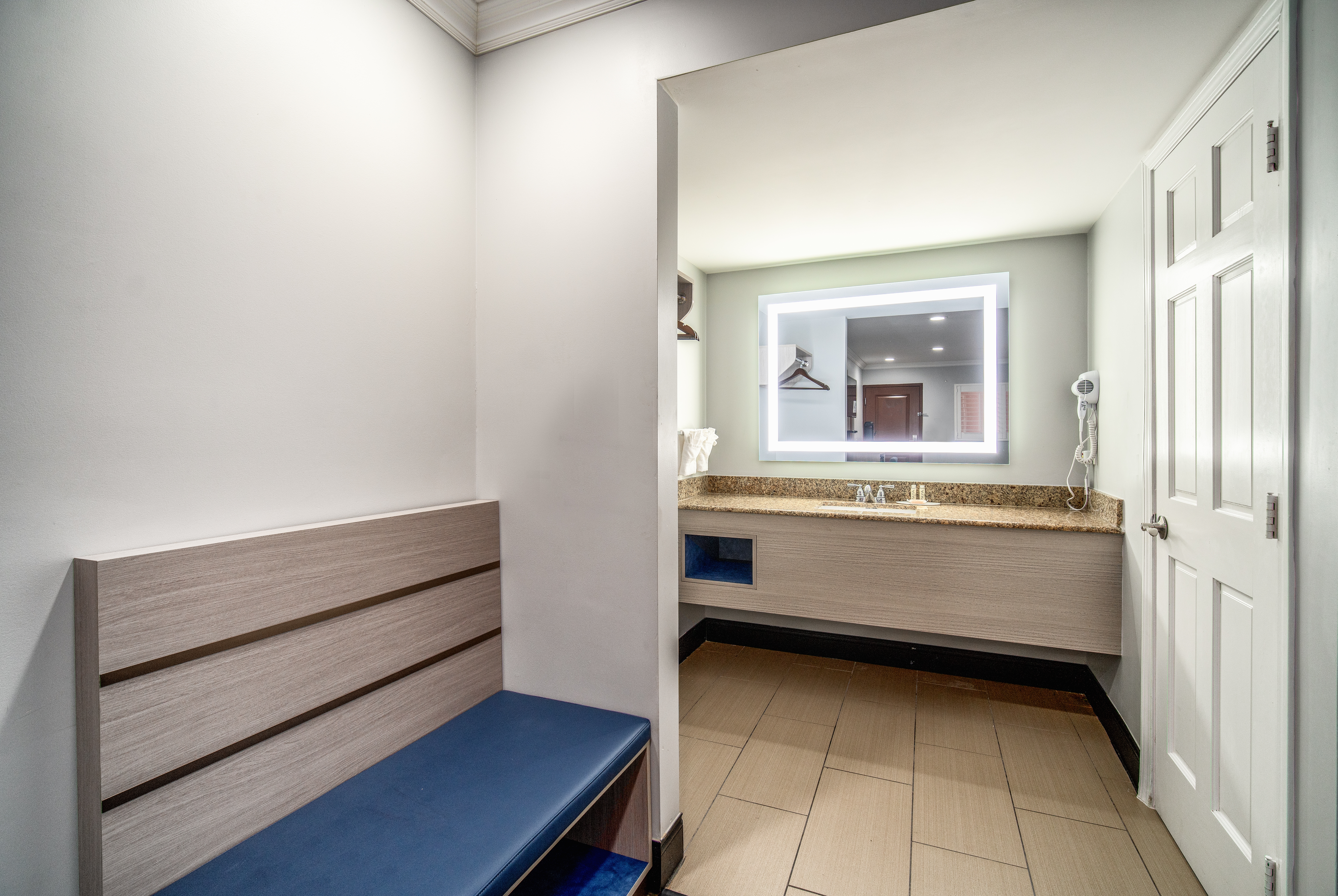 Guest room bath at the Travelodge Inn & Suites by Wyndham Bell Los Angeles Area in Bell, California