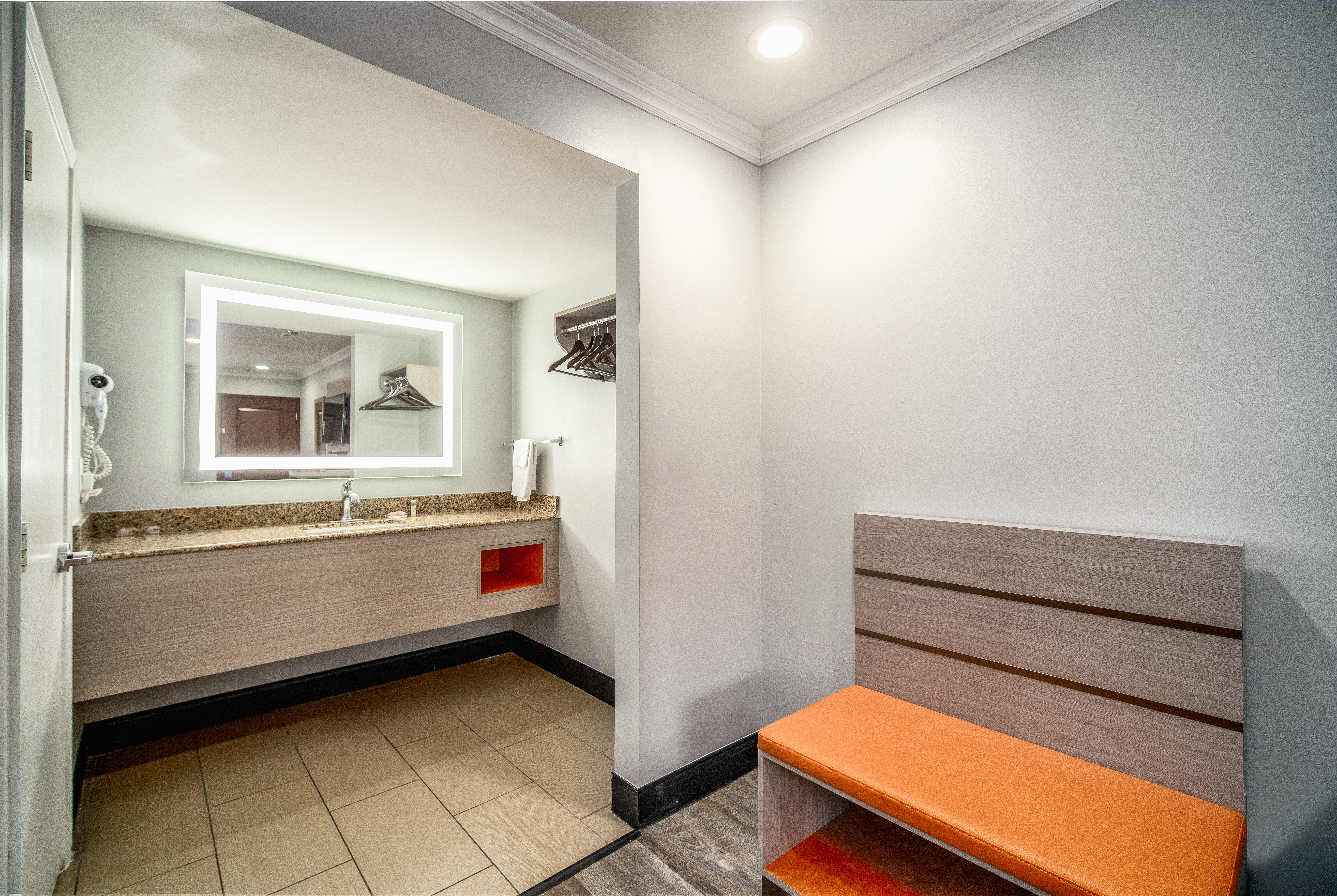 Guest room bath at the Travelodge Inn & Suites by Wyndham Bell Los Angeles Area in Bell, California
