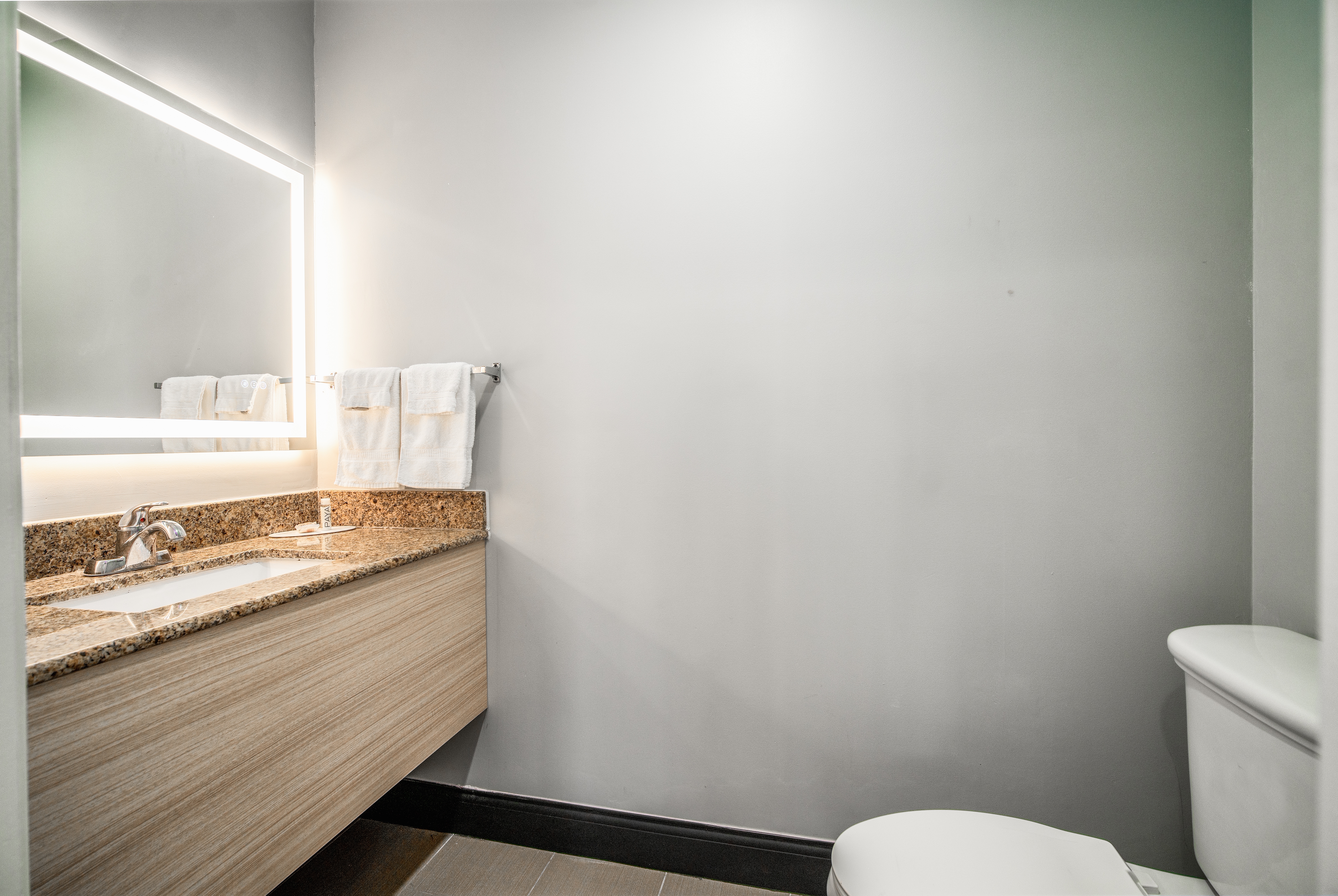 Guest room bath at the Travelodge Inn & Suites by Wyndham Bell Los Angeles Area in Bell, California