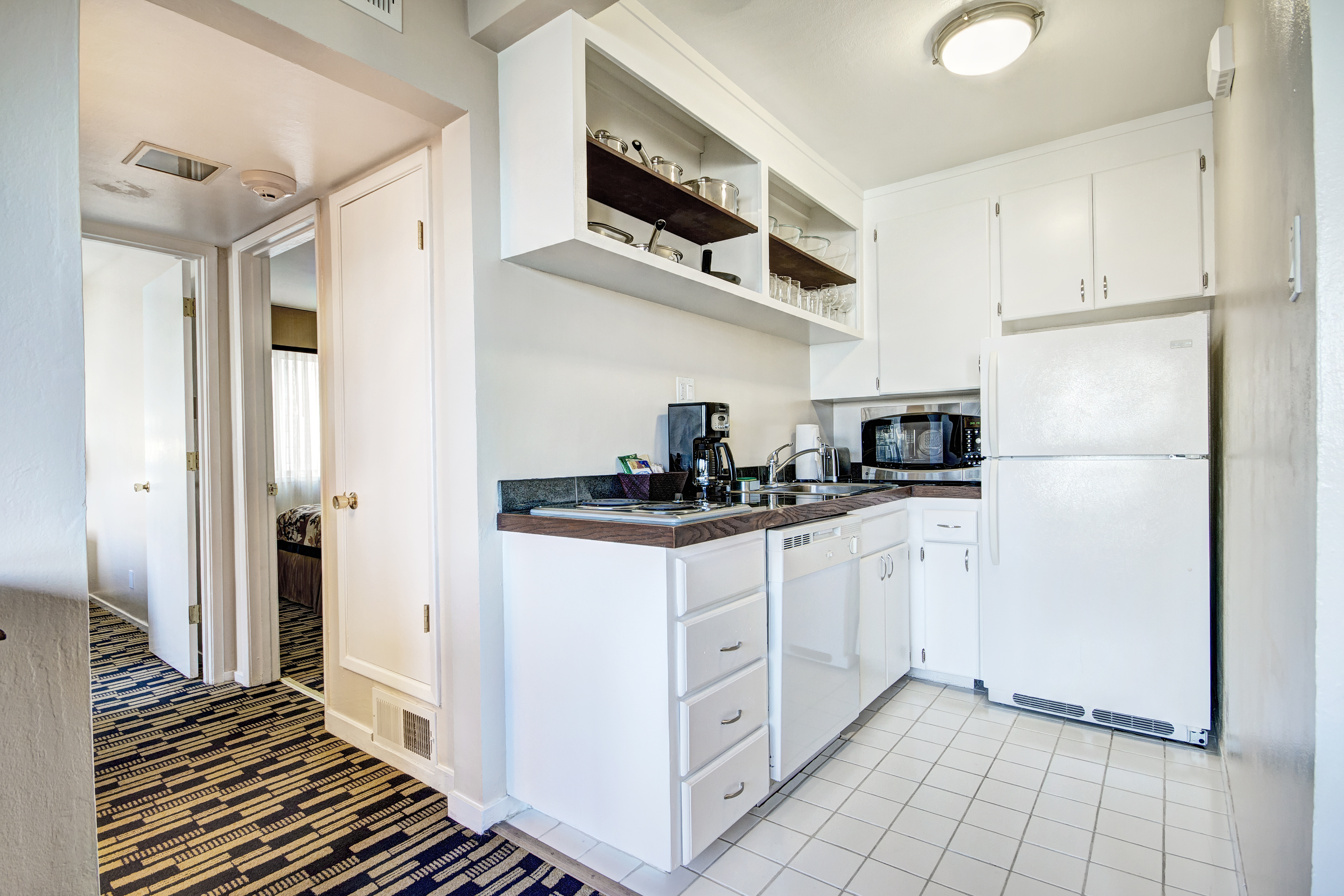 Guest room kitchen at Suites at Fisherman's Wharf in San Francisco, California