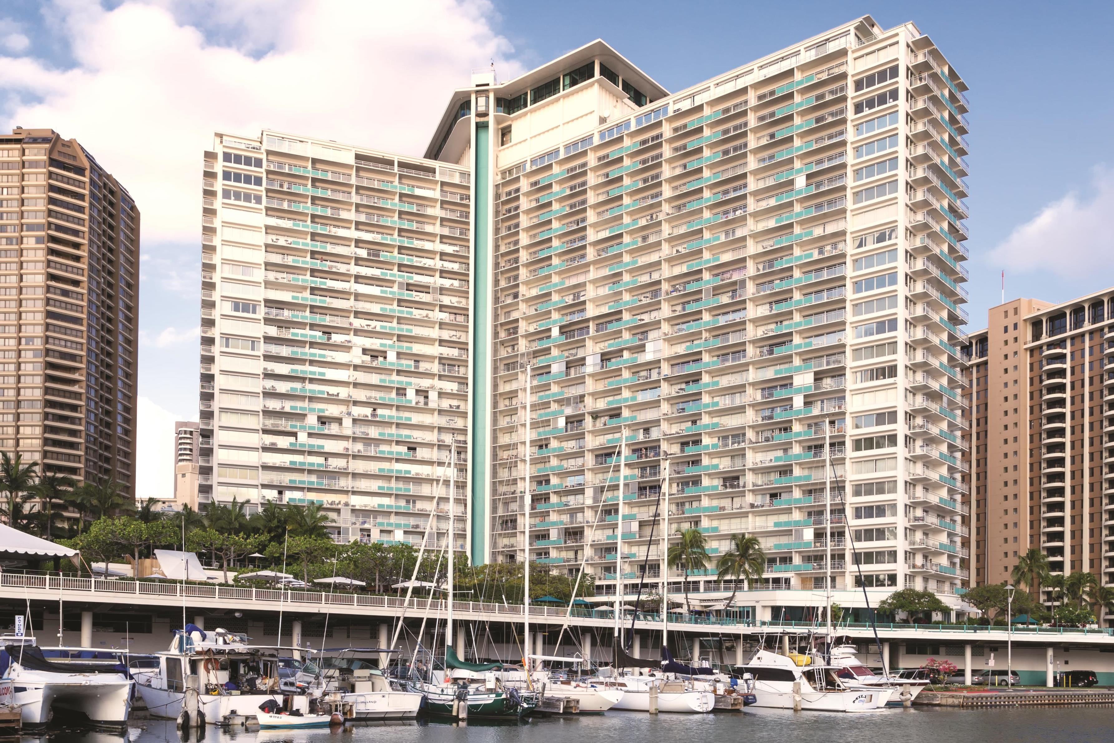 Exterior of Shell Vacations Club Waikiki Marina Resort at the llikai hotel in Honolulu, Hawaii