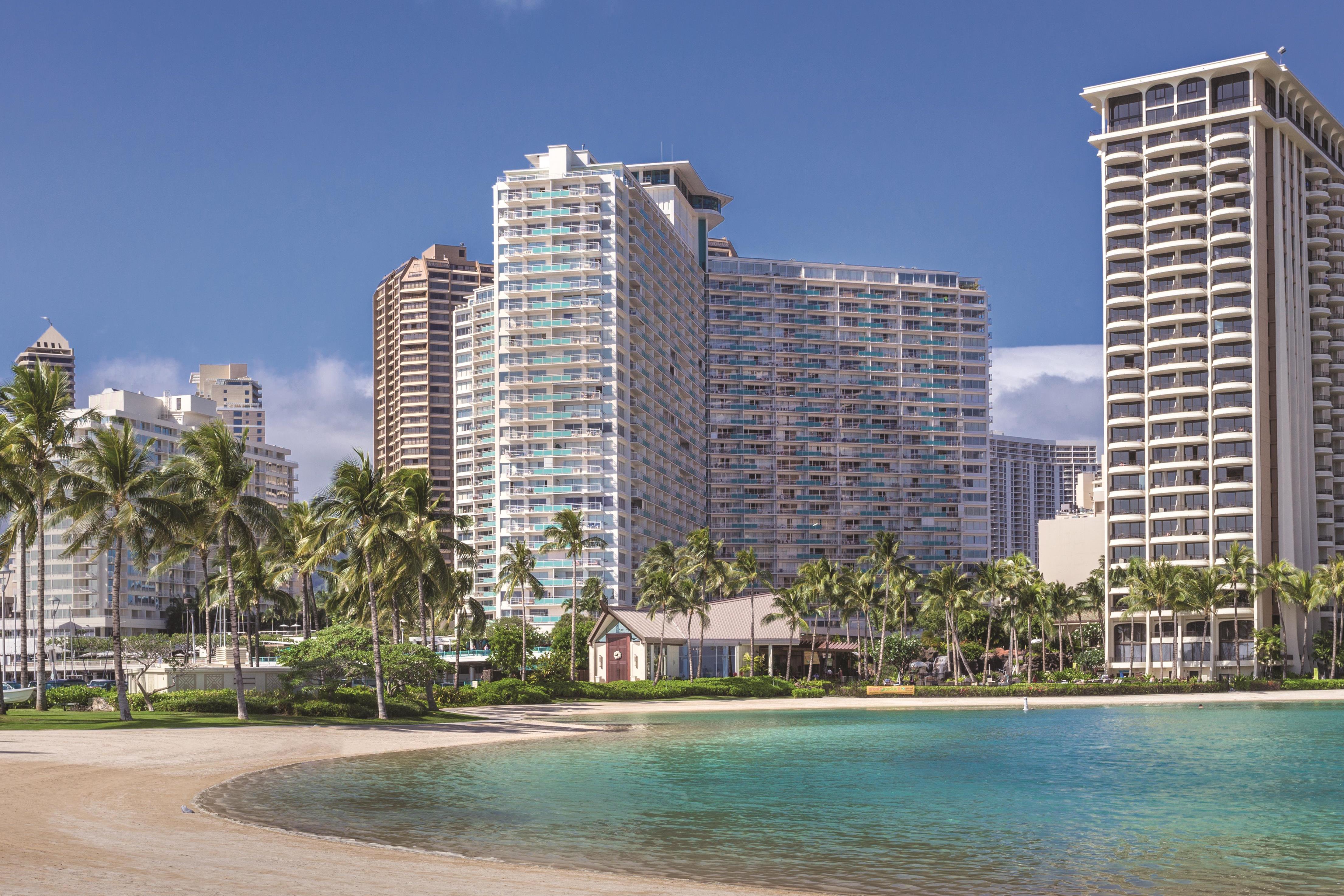 Exterior of Shell Vacations Club Waikiki Marina Resort at the llikai hotel in Honolulu, Hawaii