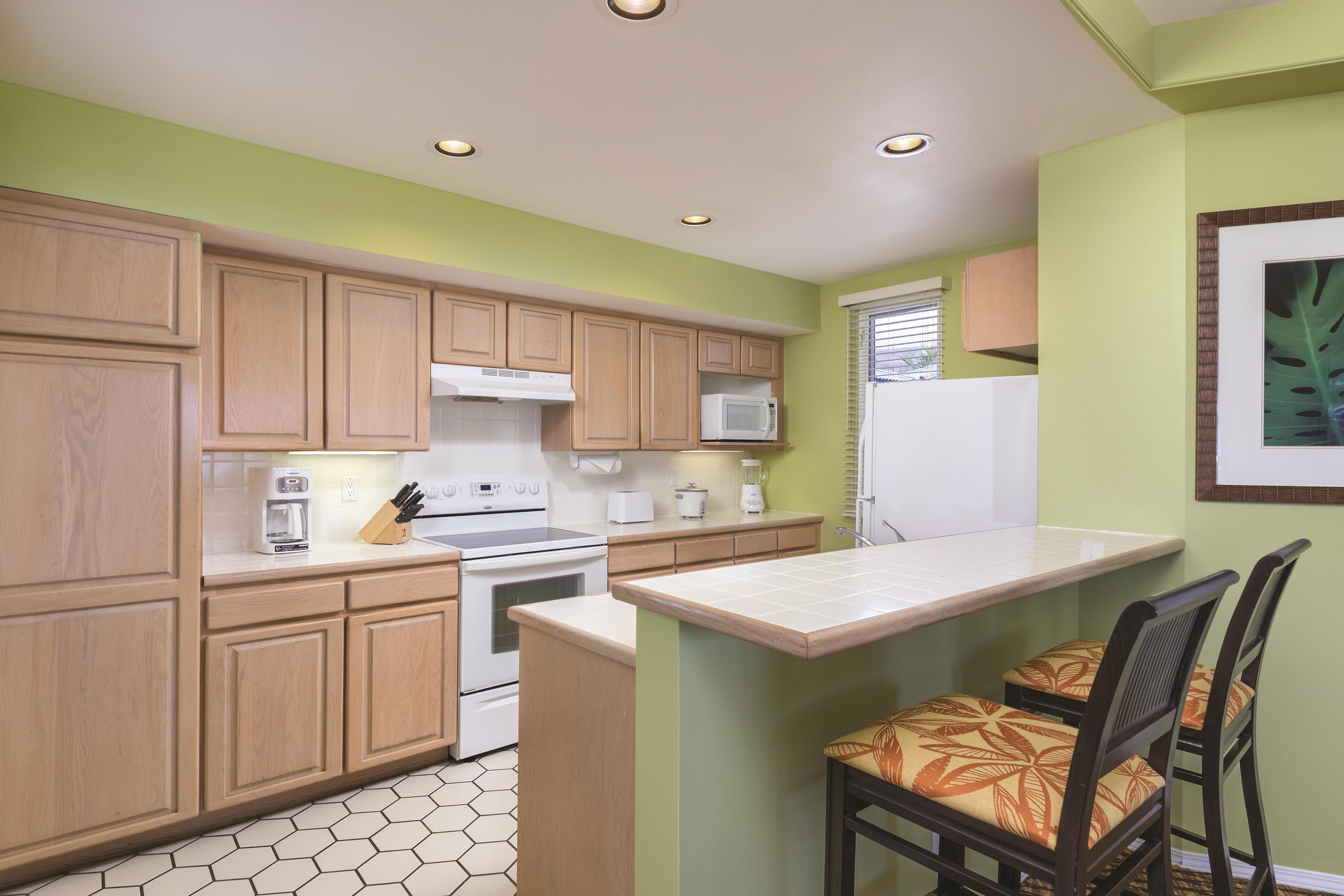 Guest room kitchen at Shell Vacations Club Holua Resort at the Mauna Loa Village in Kailua Kona, Hawaii