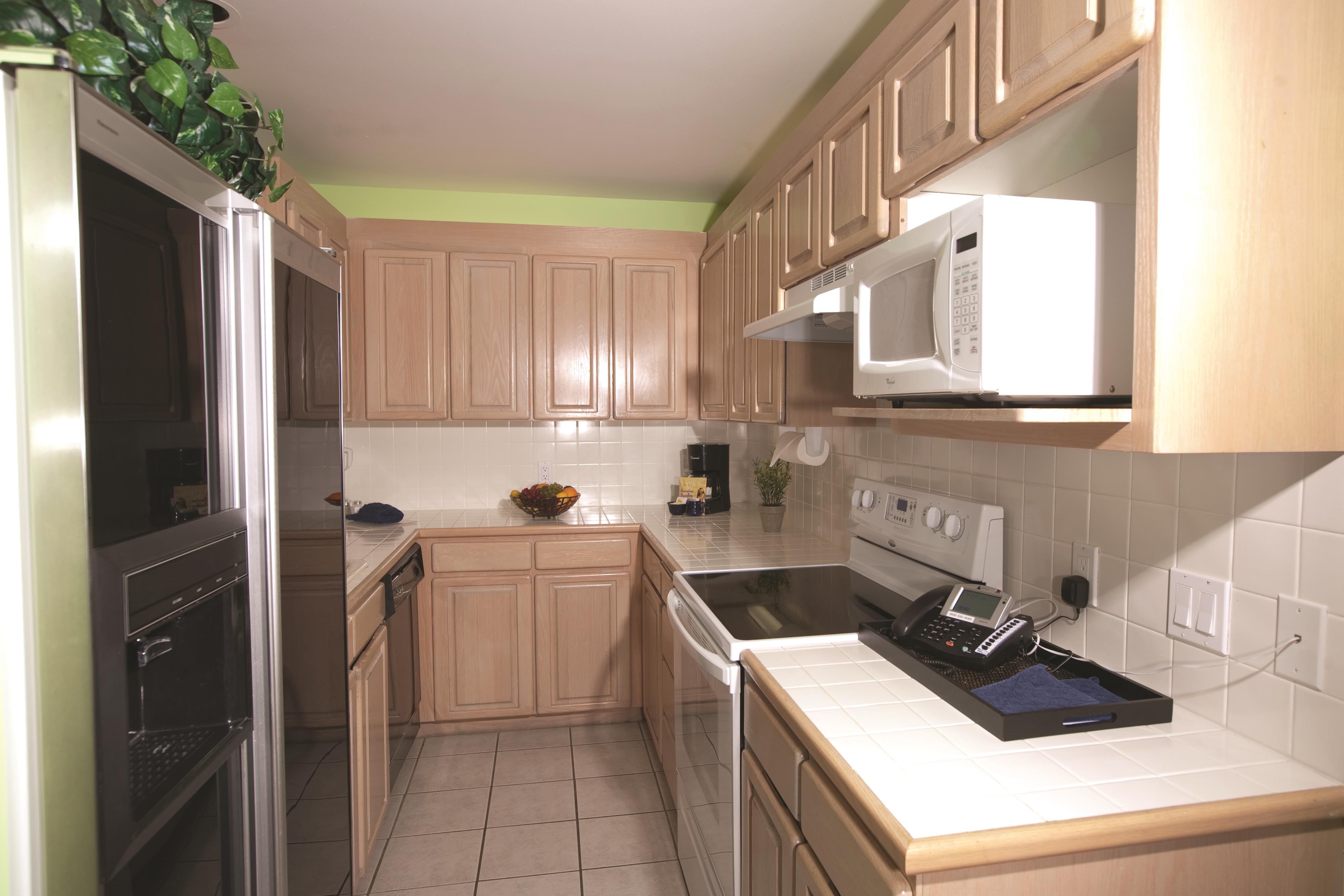 Guest room kitchen at Shell Vacations Club Holua Resort at the Mauna Loa Village in Kailua Kona, Hawaii