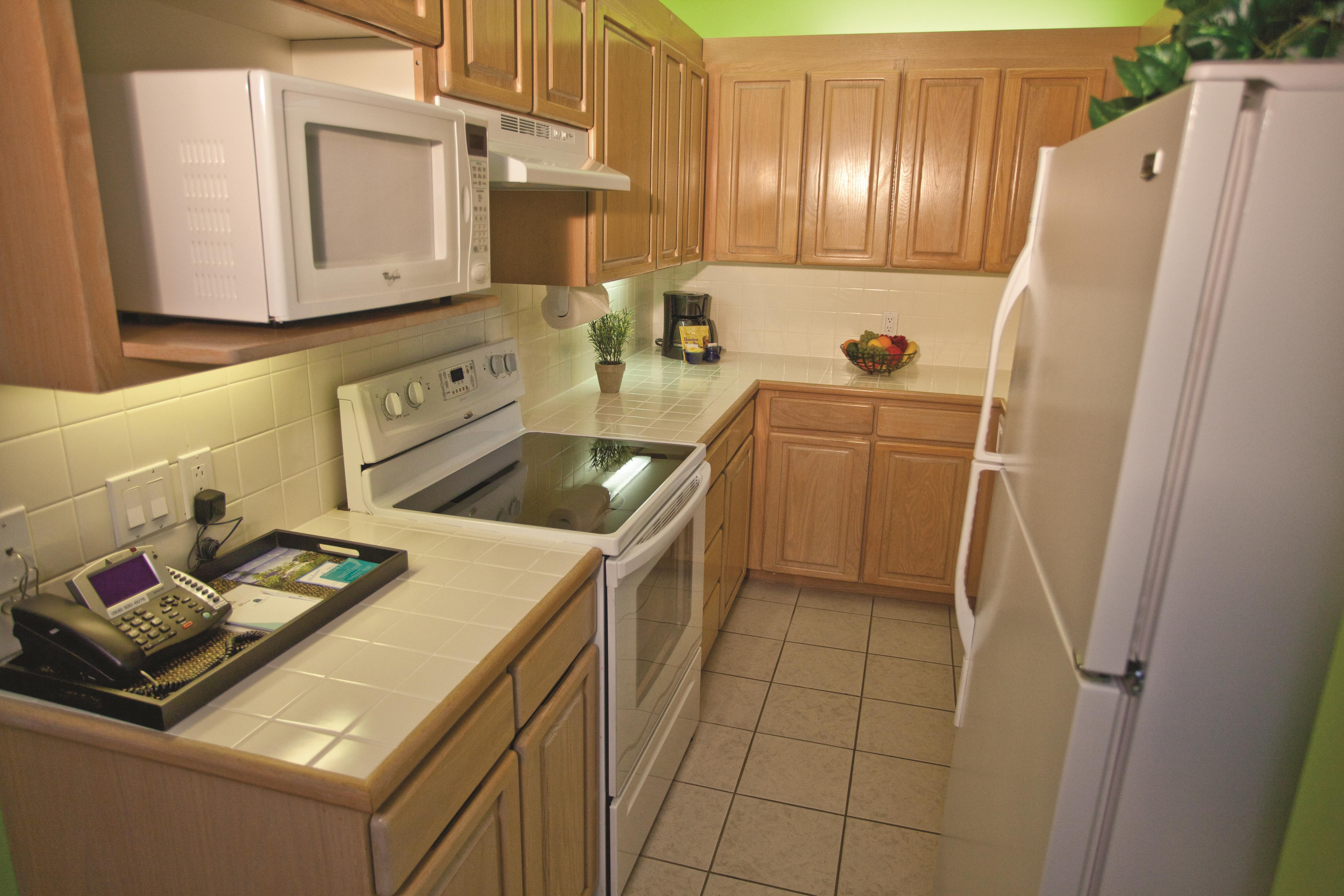 Guest room kitchen at Shell Vacations Club Holua Resort at the Mauna Loa Village in Kailua Kona, Hawaii
