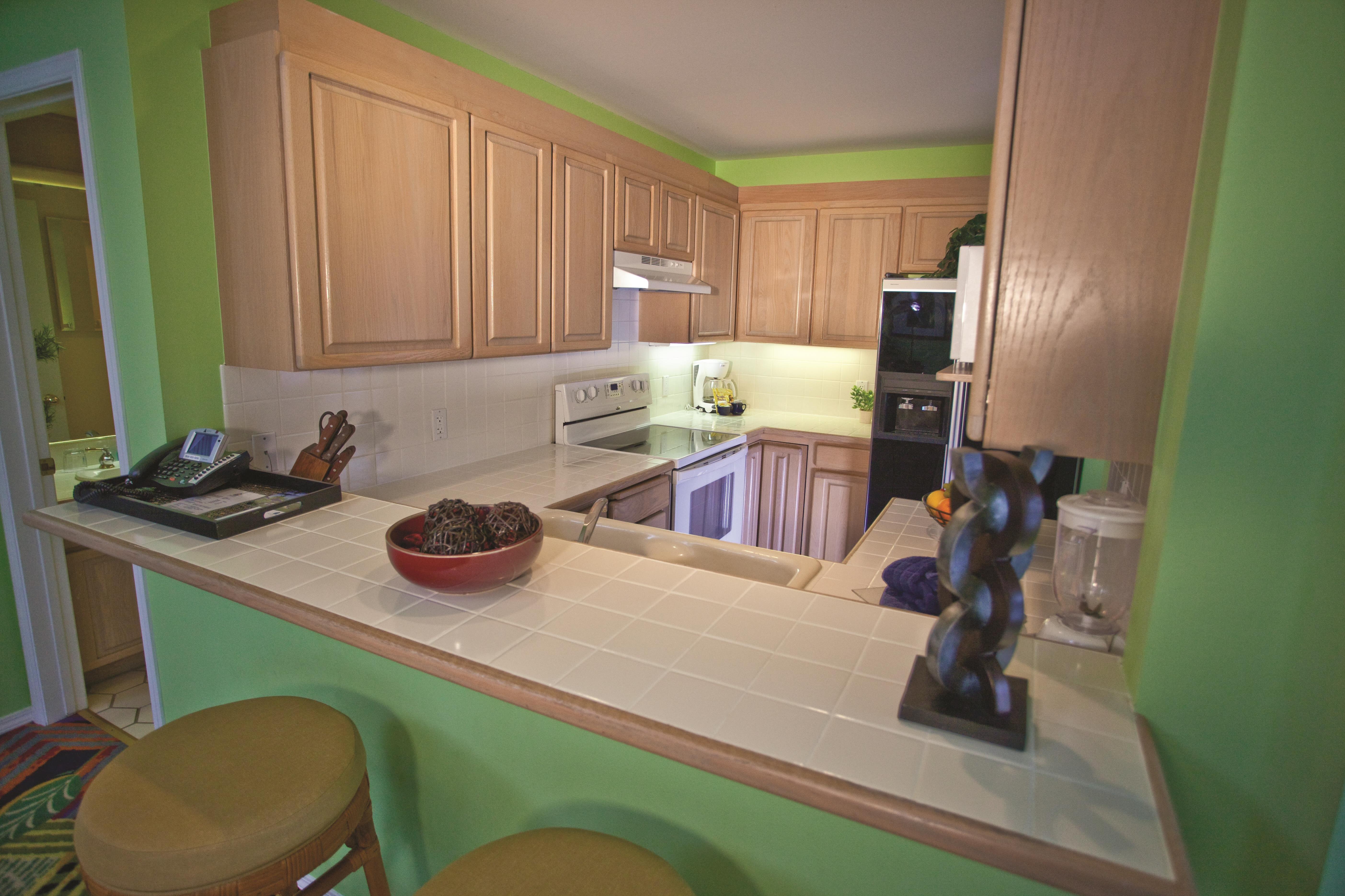 Guest room kitchen at Shell Vacations Club Holua Resort at the Mauna Loa Village in Kailua Kona, Hawaii