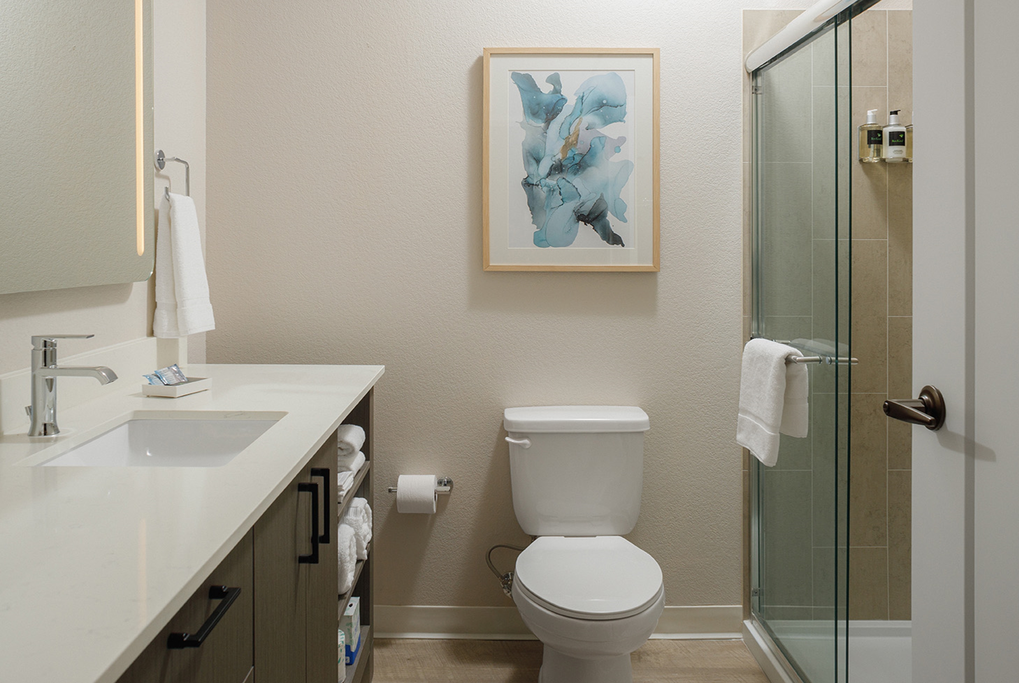 Guest room bath at the WaterWalk Extended Stay Huntsville in Huntsville, Alabama