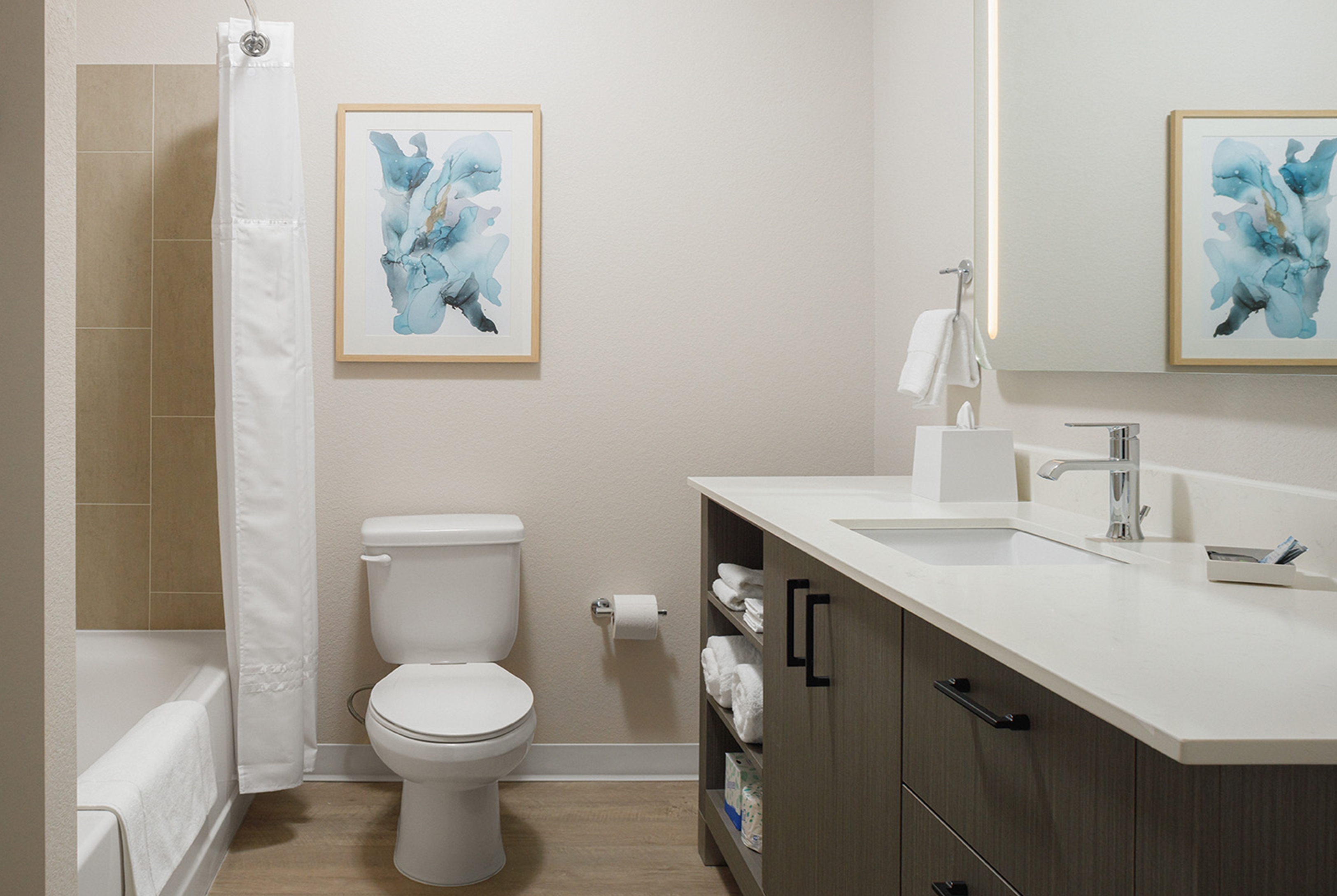 Guest room bath at the WaterWalk Extended Stay Huntsville in Huntsville, Alabama