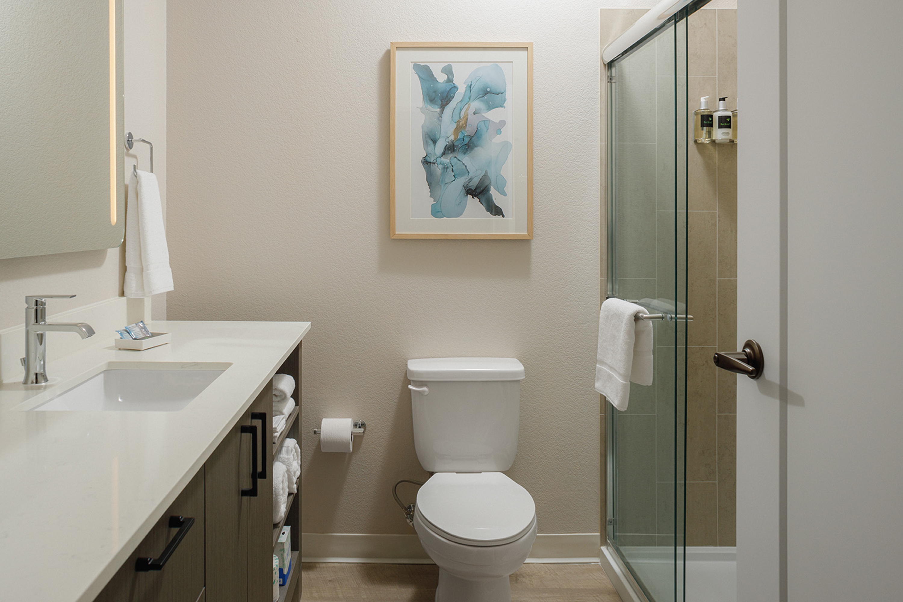 Guest room bath at the WaterWalk Extended Stay Jacksonville Deerwood Pk in Jacksonville, Florida