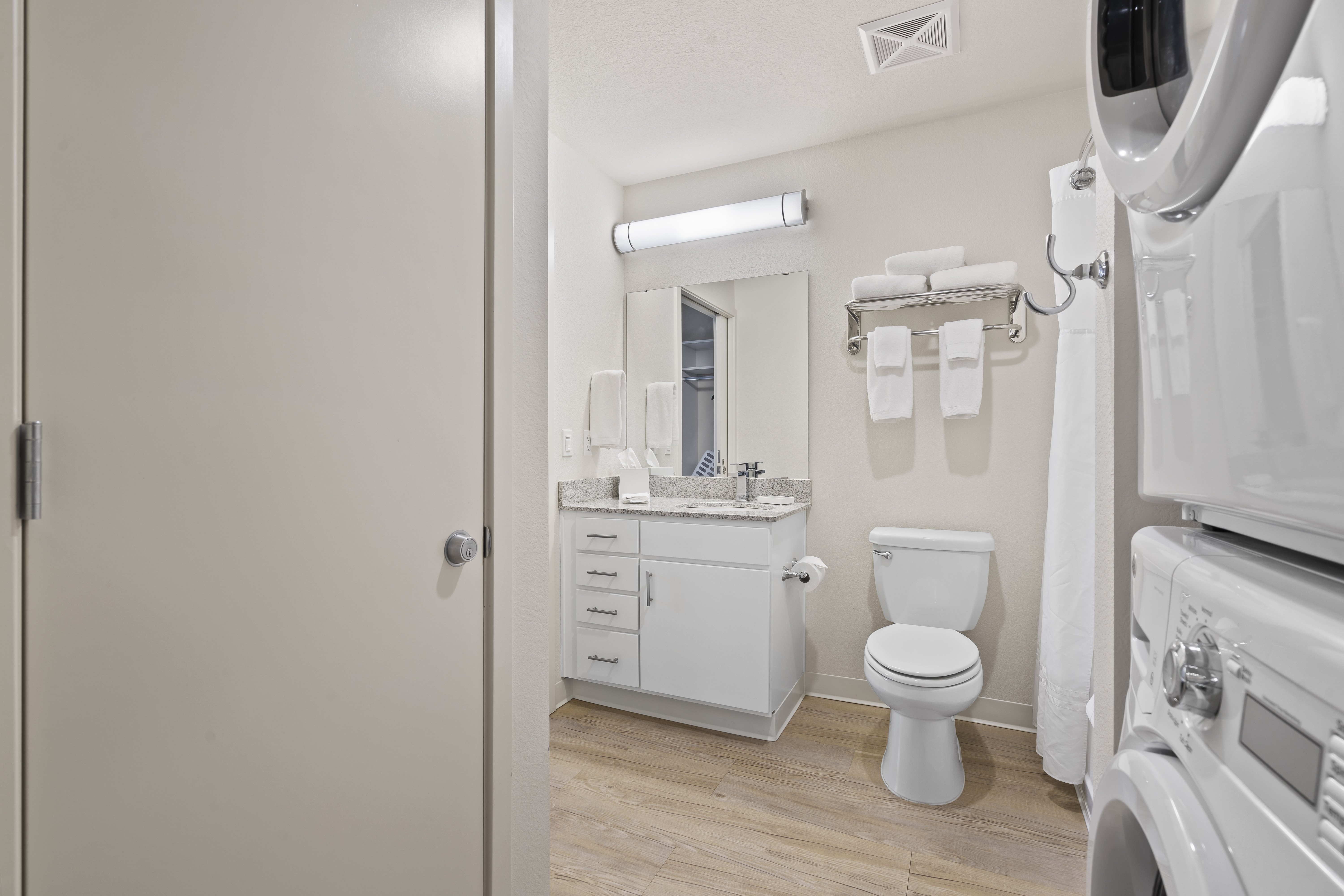 Guest room bath at the WaterWalk Extended Stay Kansas City - Overland Pk in Overland Park, Kansas