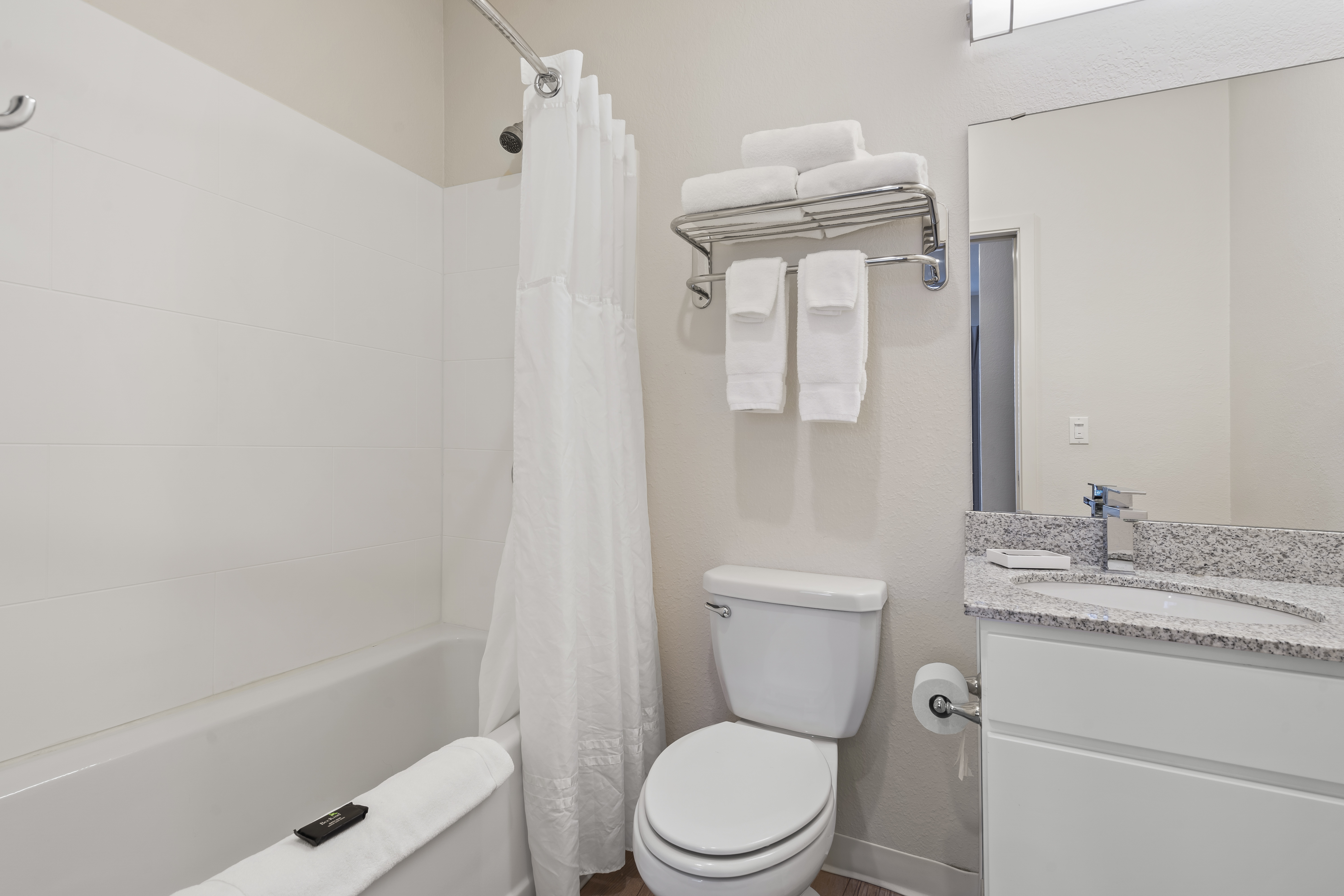 Guest room bath at the WaterWalk Extended Stay Kansas City - Overland Pk in Overland Park, Kansas