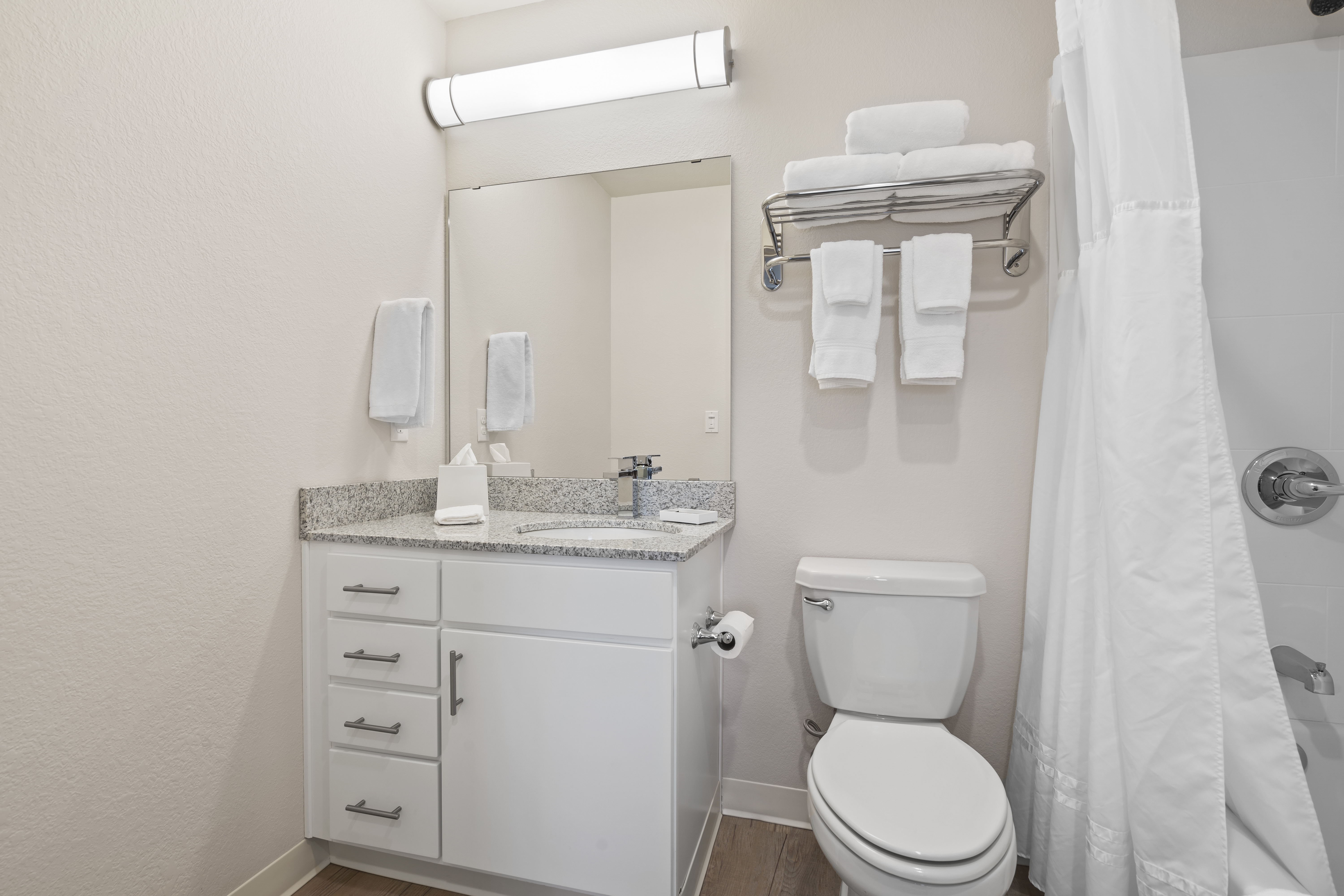 Guest room bath at the WaterWalk Extended Stay Kansas City - Overland Pk in Overland Park, Kansas