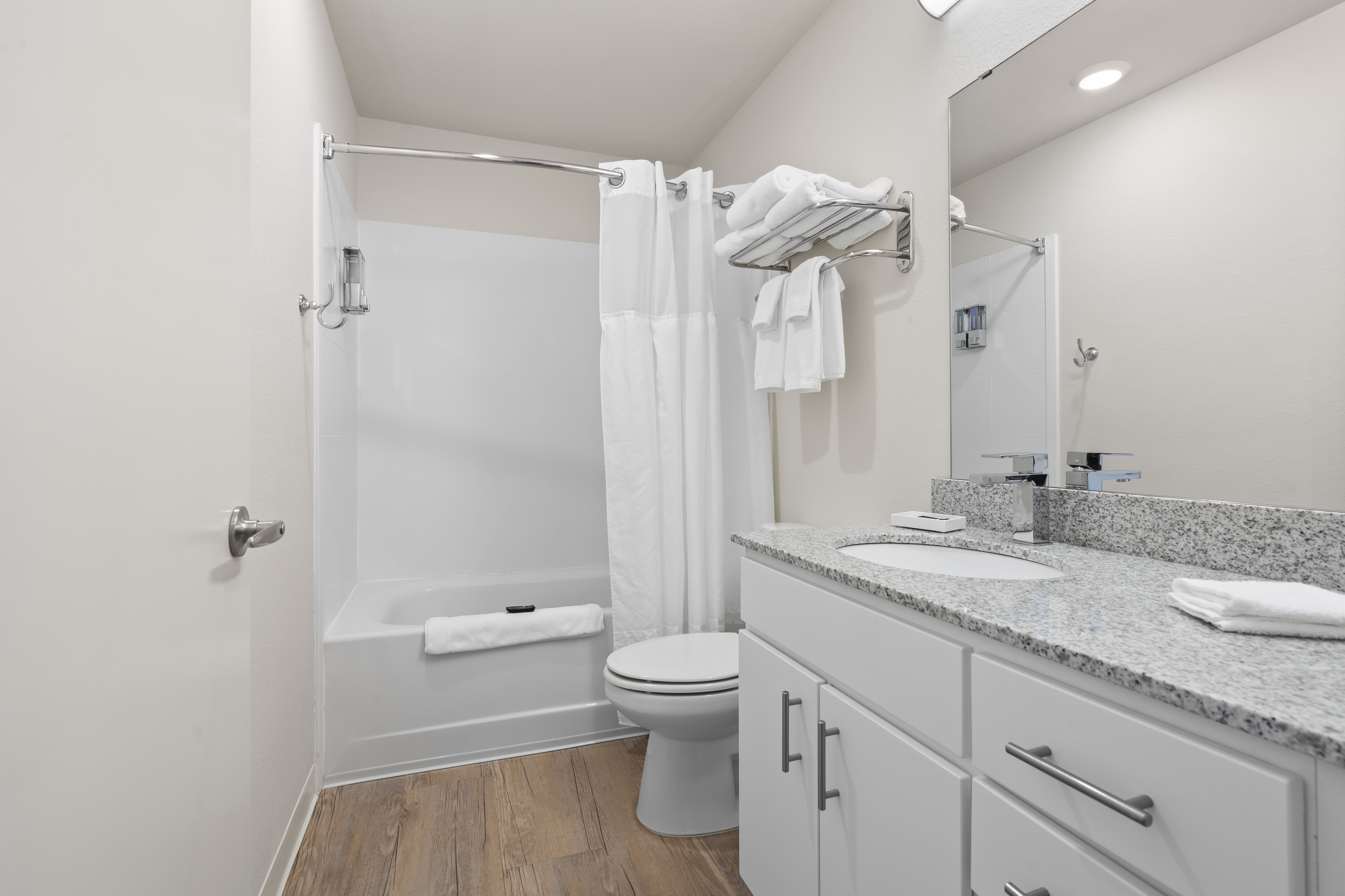Guest room bath at the WaterWalk Extended Stay Kansas City - Overland Pk in Overland Park, Kansas