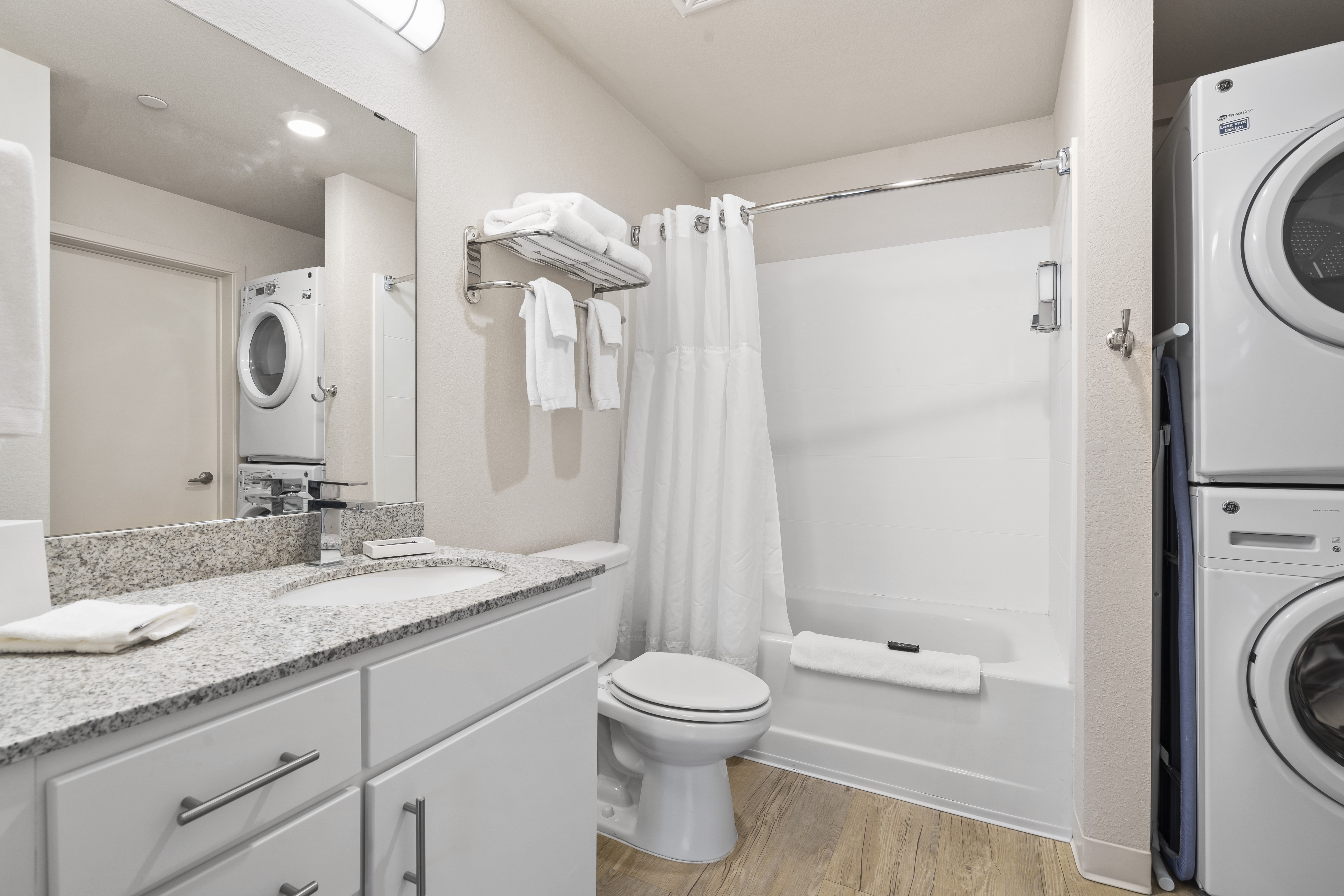 Guest room bath at the WaterWalk Extended Stay Kansas City - Overland Pk in Overland Park, Kansas