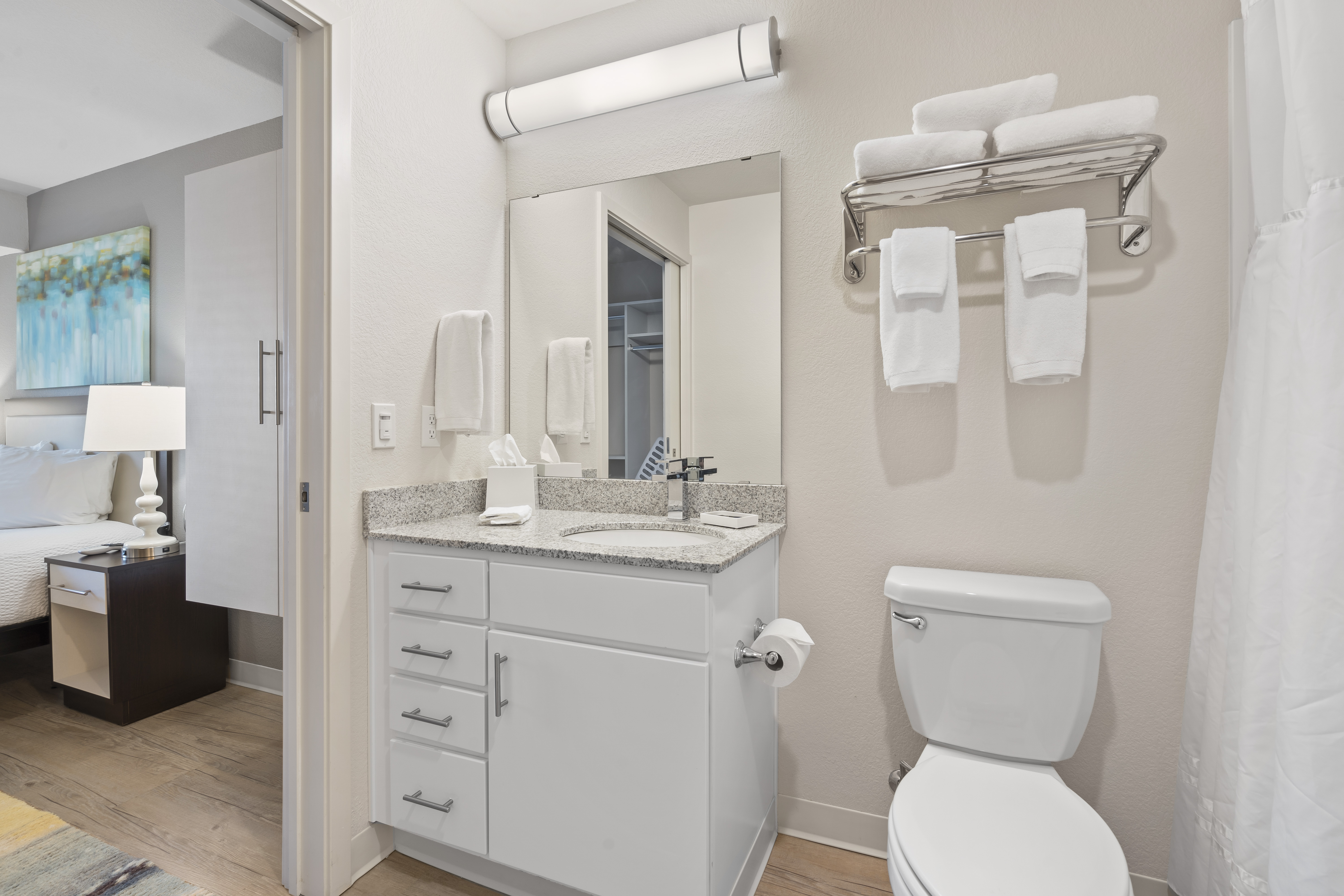 Guest room bath at the WaterWalk Extended Stay Kansas City - Overland Pk in Overland Park, Kansas