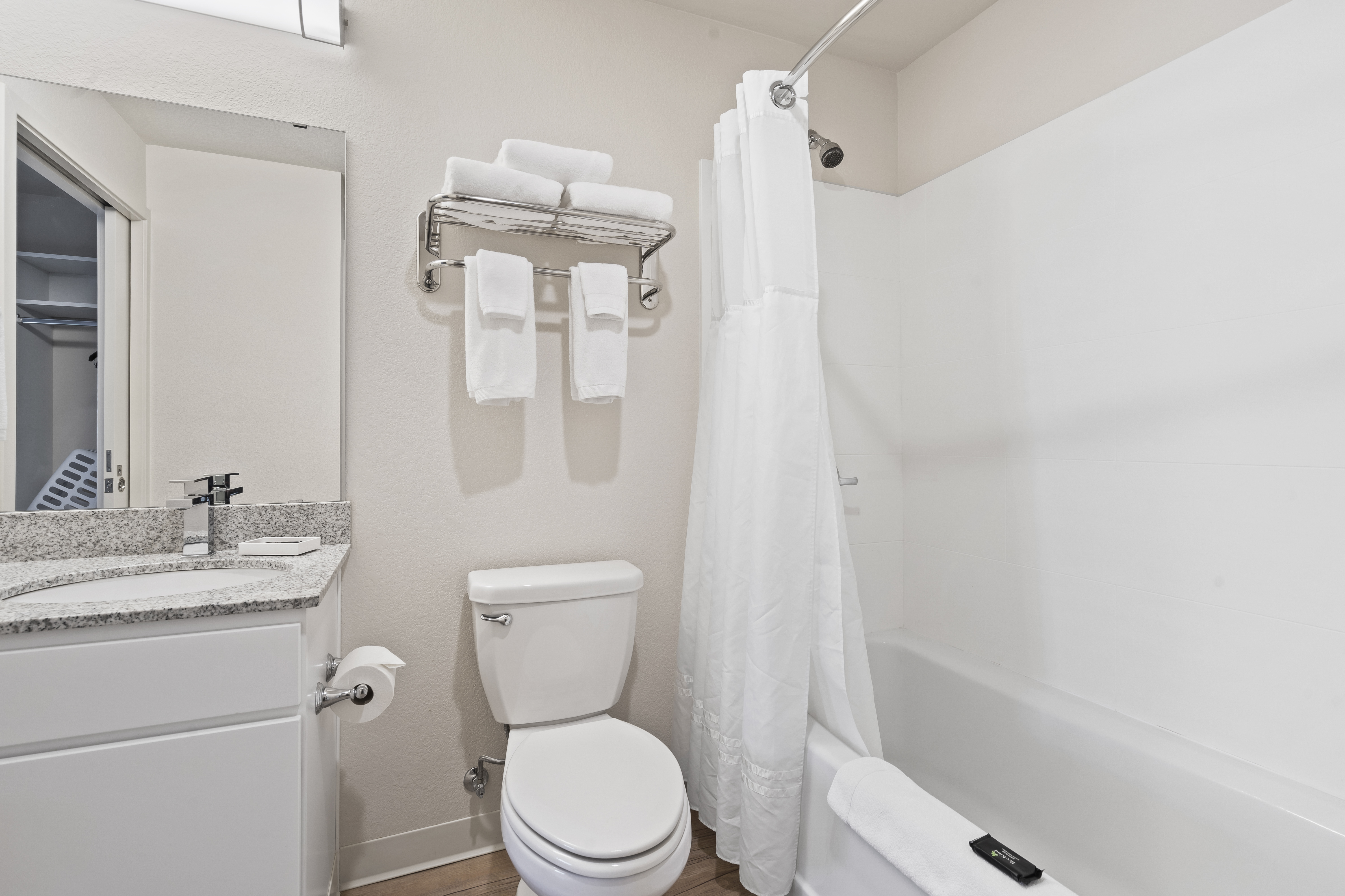 Guest room bath at the WaterWalk Extended Stay Kansas City - Overland Pk in Overland Park, Kansas