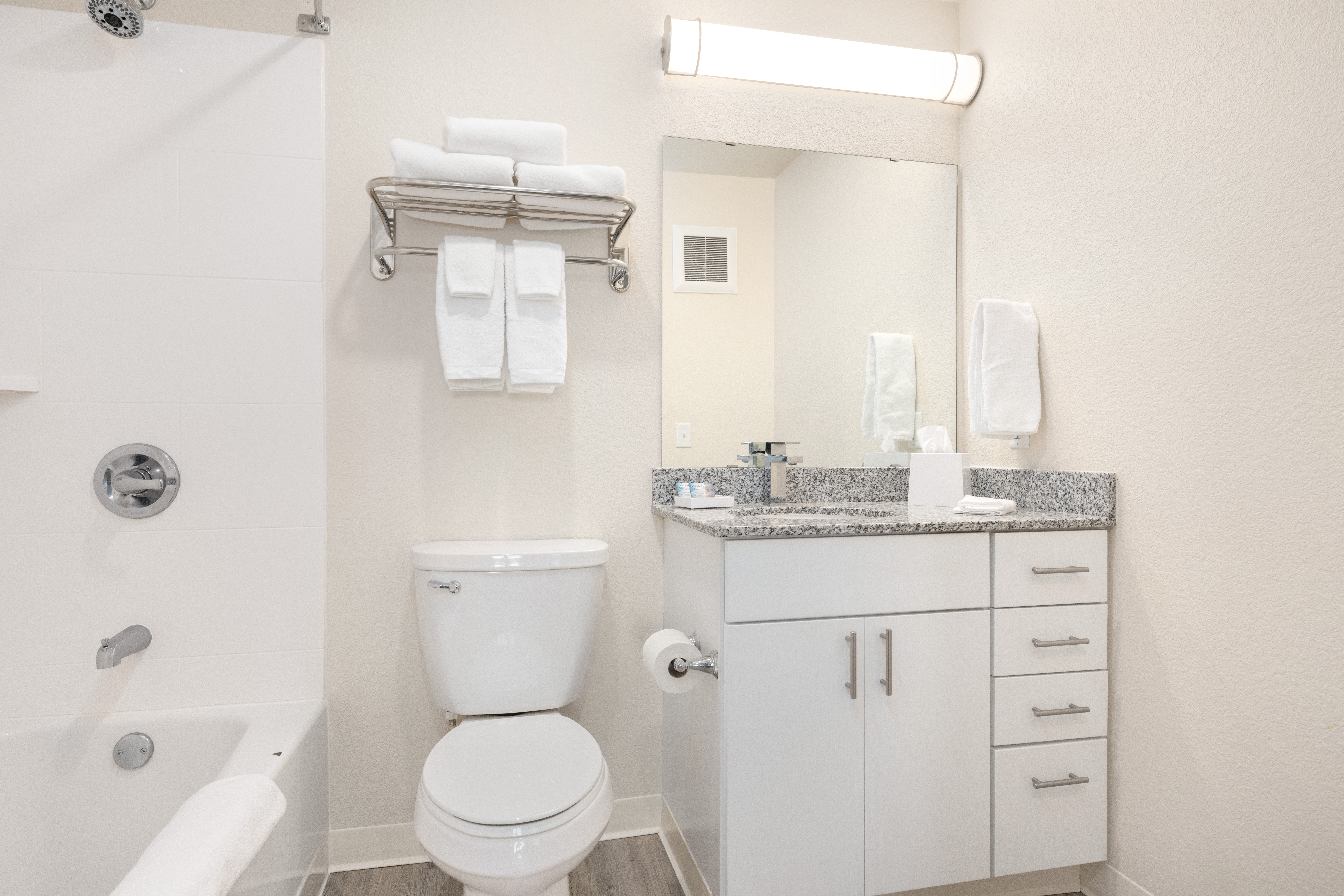 Guest room bath at the WaterWalk Extended Stay Minneapolis - Plymouth in Plymouth, Minnesota