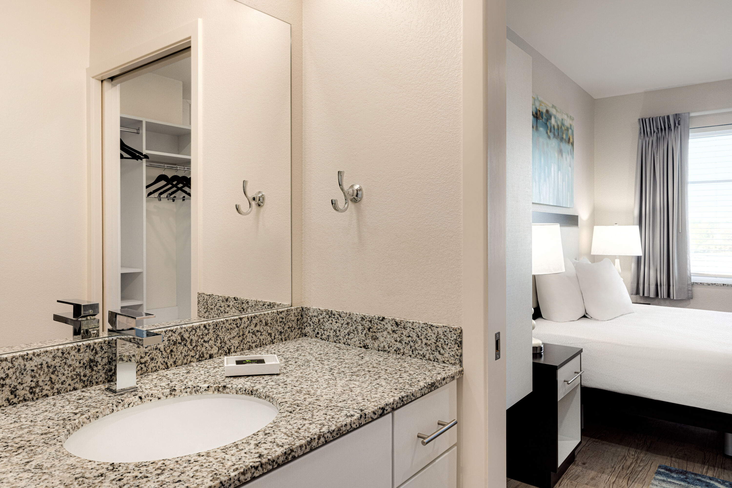 Guest room bath at the WaterWalk Extended Stay Raleigh Durham Research Triangle in Morrisville, North Carolina