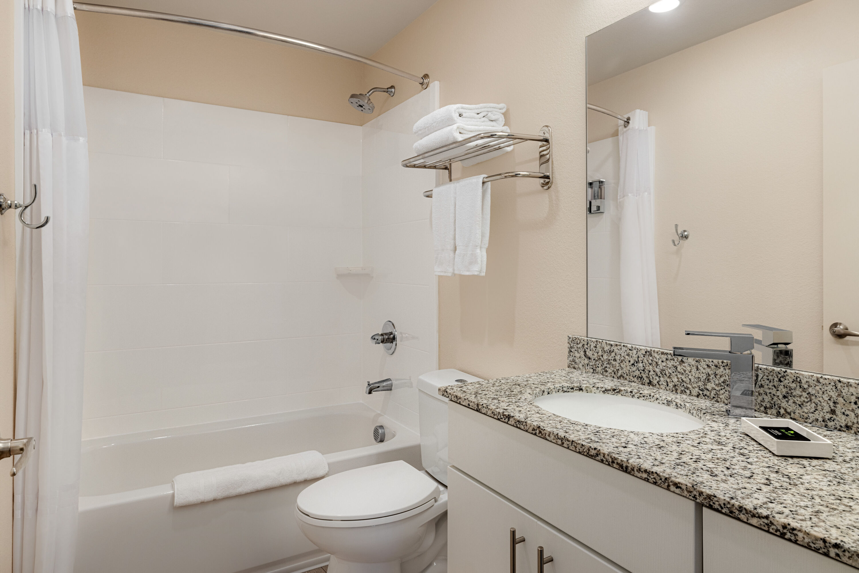 Guest room bath at the WaterWalk Extended Stay Raleigh Durham Research Triangle in Morrisville, North Carolina