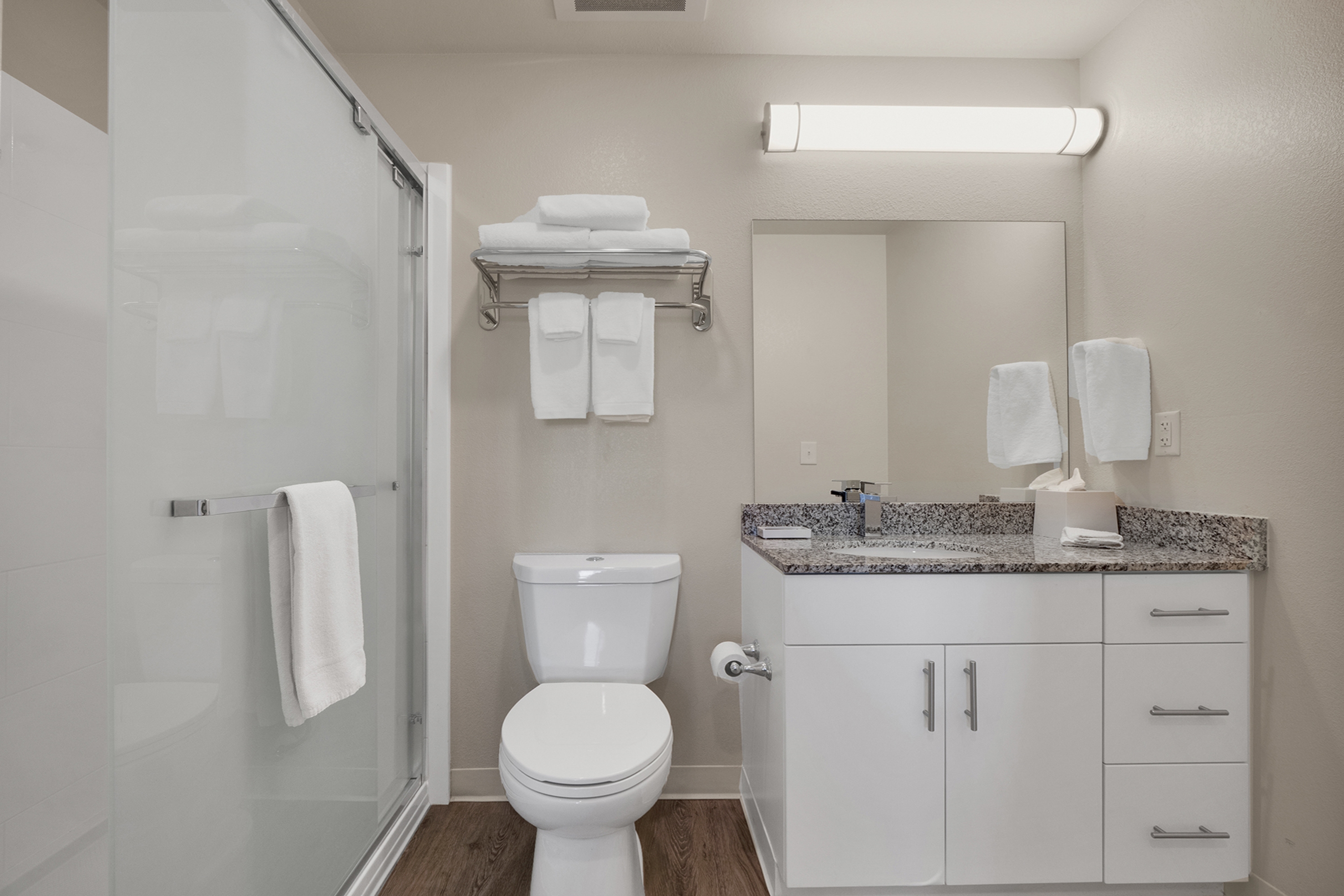 Guest room bath at the WaterWalk Extended Stay Raleigh Durham Research Triangle in Morrisville, North Carolina