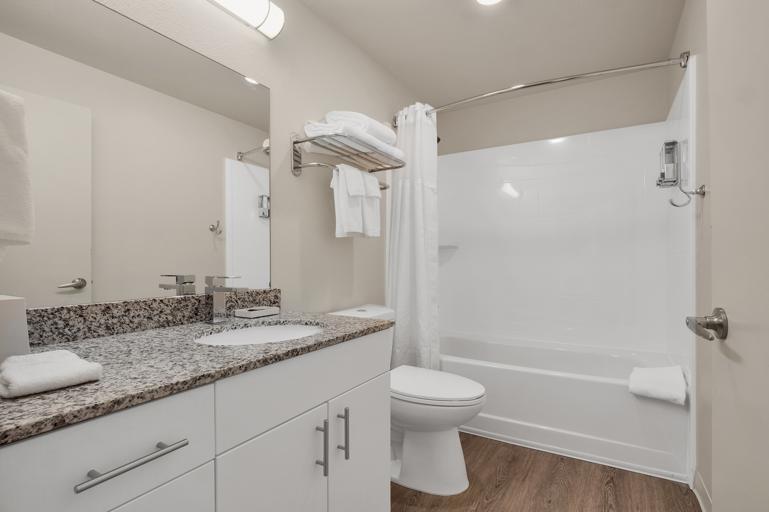 Guest room bath at the WaterWalk Extended Stay Raleigh Durham Research Triangle in Morrisville, North Carolina