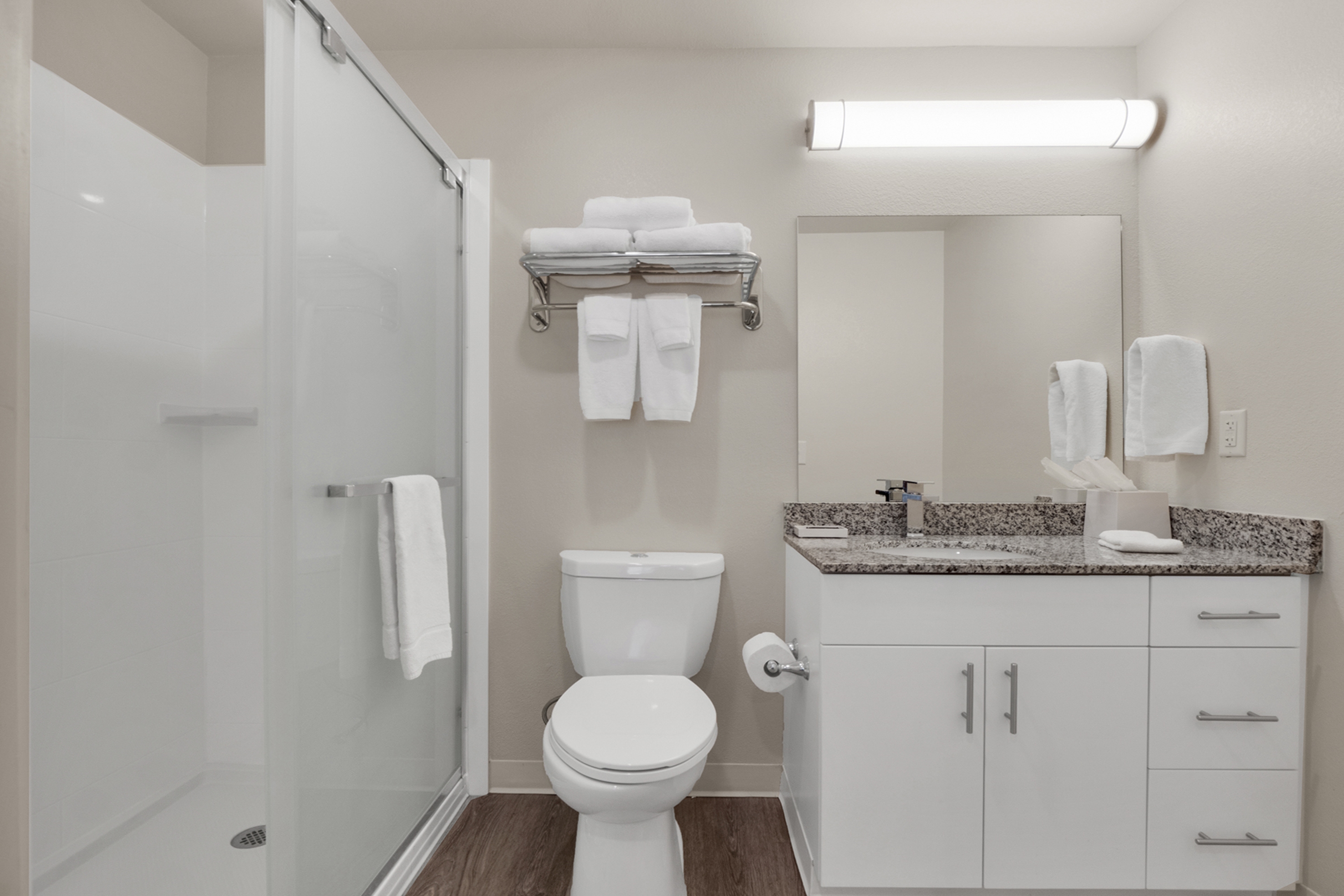 Guest room bath at the WaterWalk Extended Stay Raleigh Durham Research Triangle in Morrisville, North Carolina