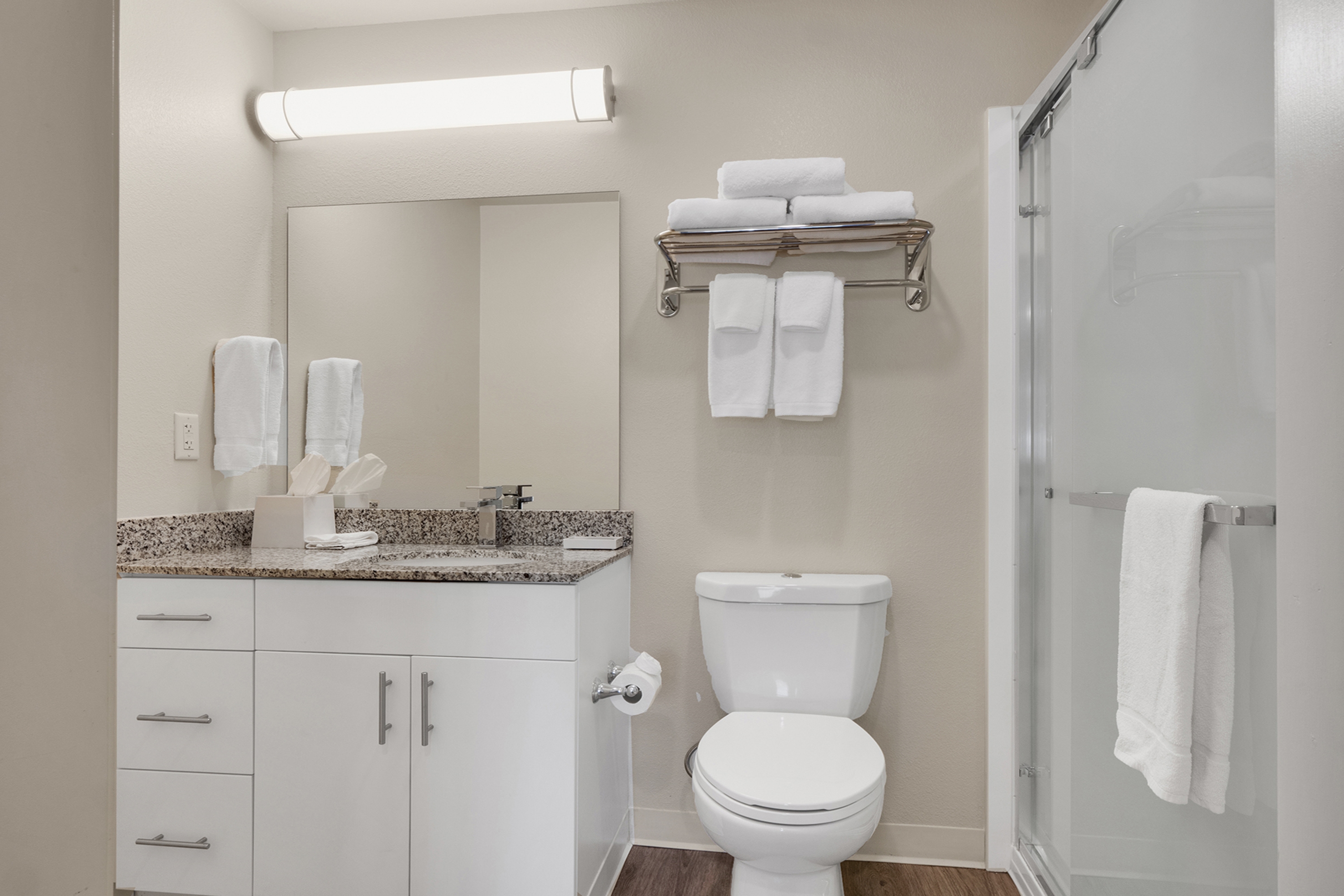 Guest room bath at the WaterWalk Extended Stay Raleigh Durham Research Triangle in Morrisville, North Carolina