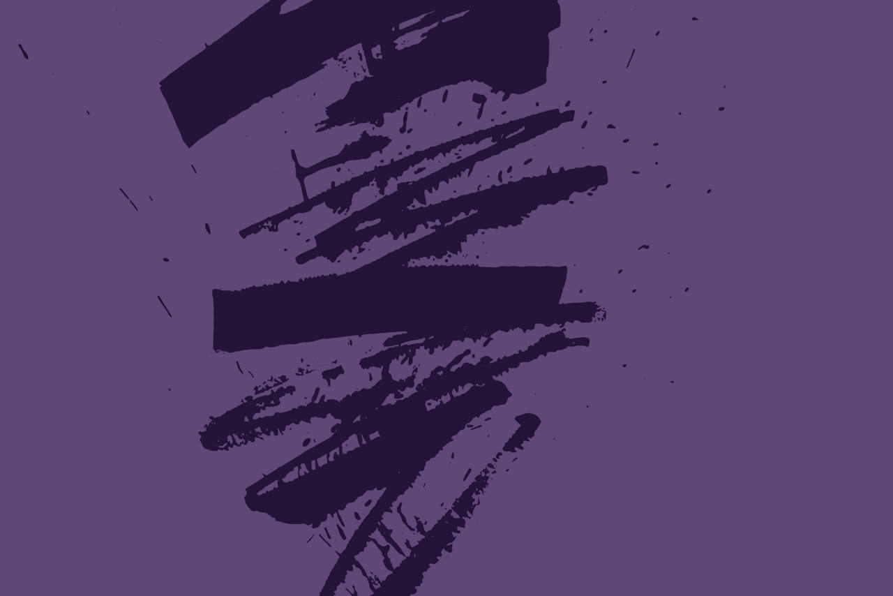 Abstract dark brush strokes with splatters on a lavender-purple background.