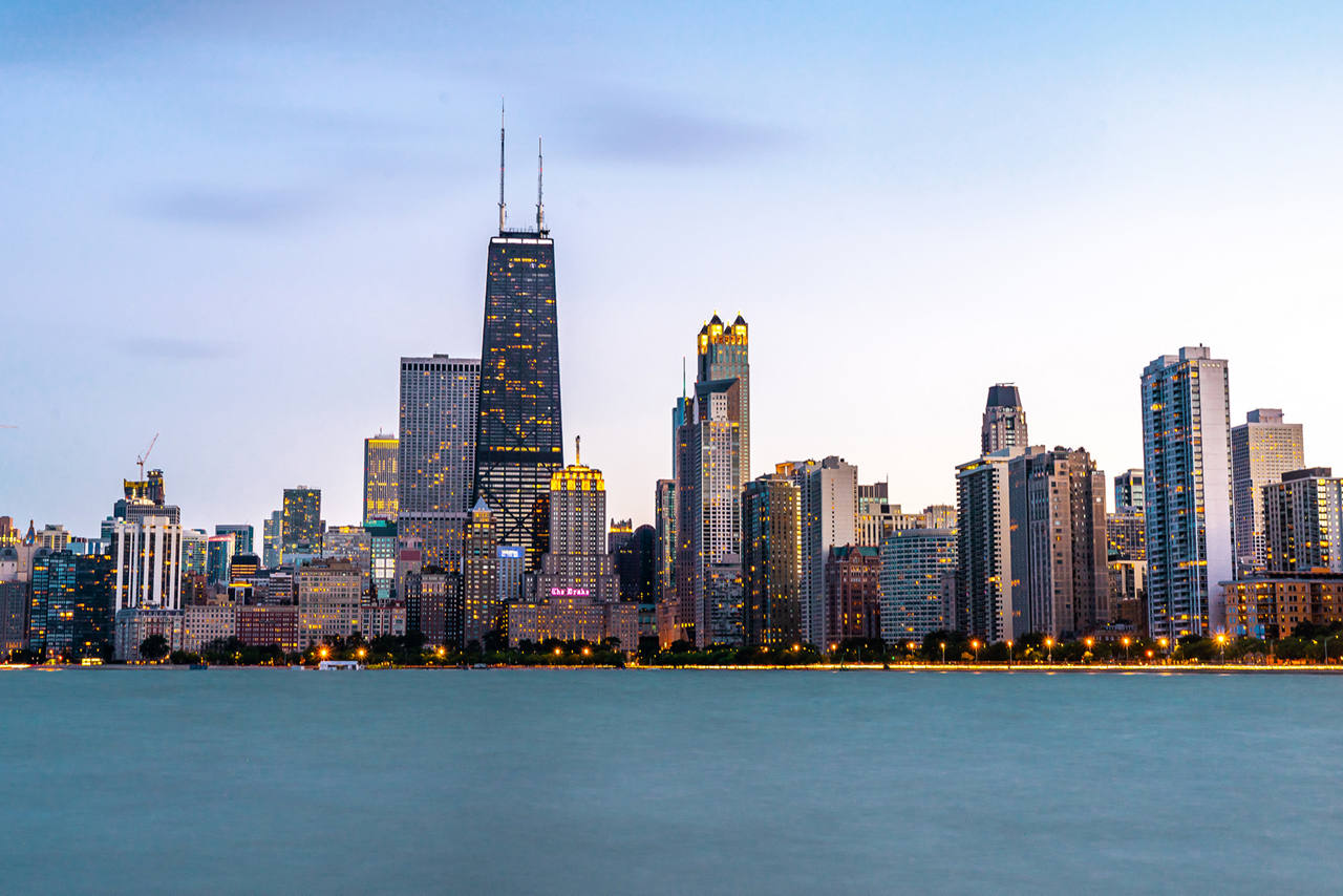 Chicago city skyline across the river.