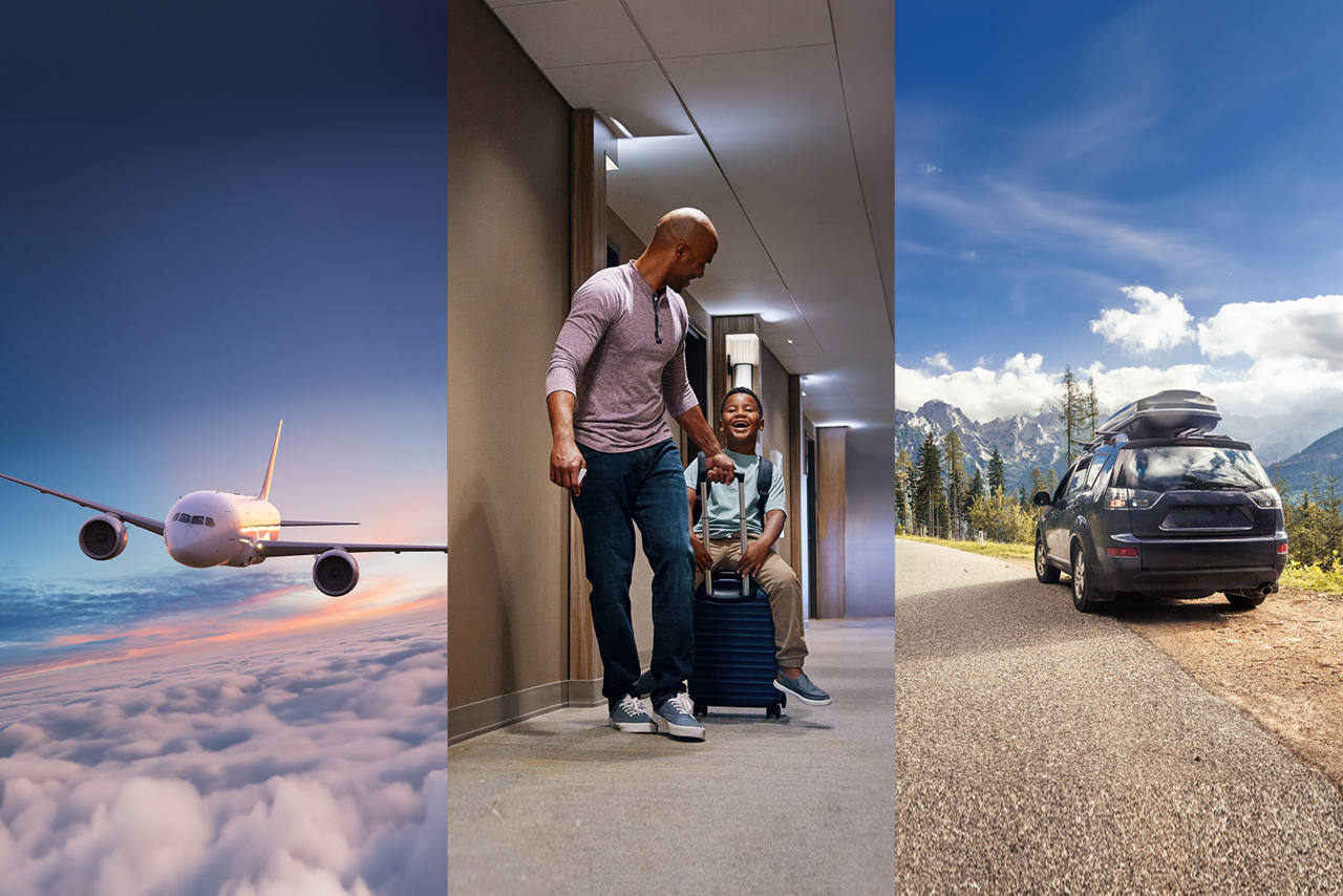 A collage of 3 images in 3 columns, one of a place, the next of a little girl on a rolling suitcase being pulled by her father, and a minivan viewed from the back , headed towards a rich mountain landscape.